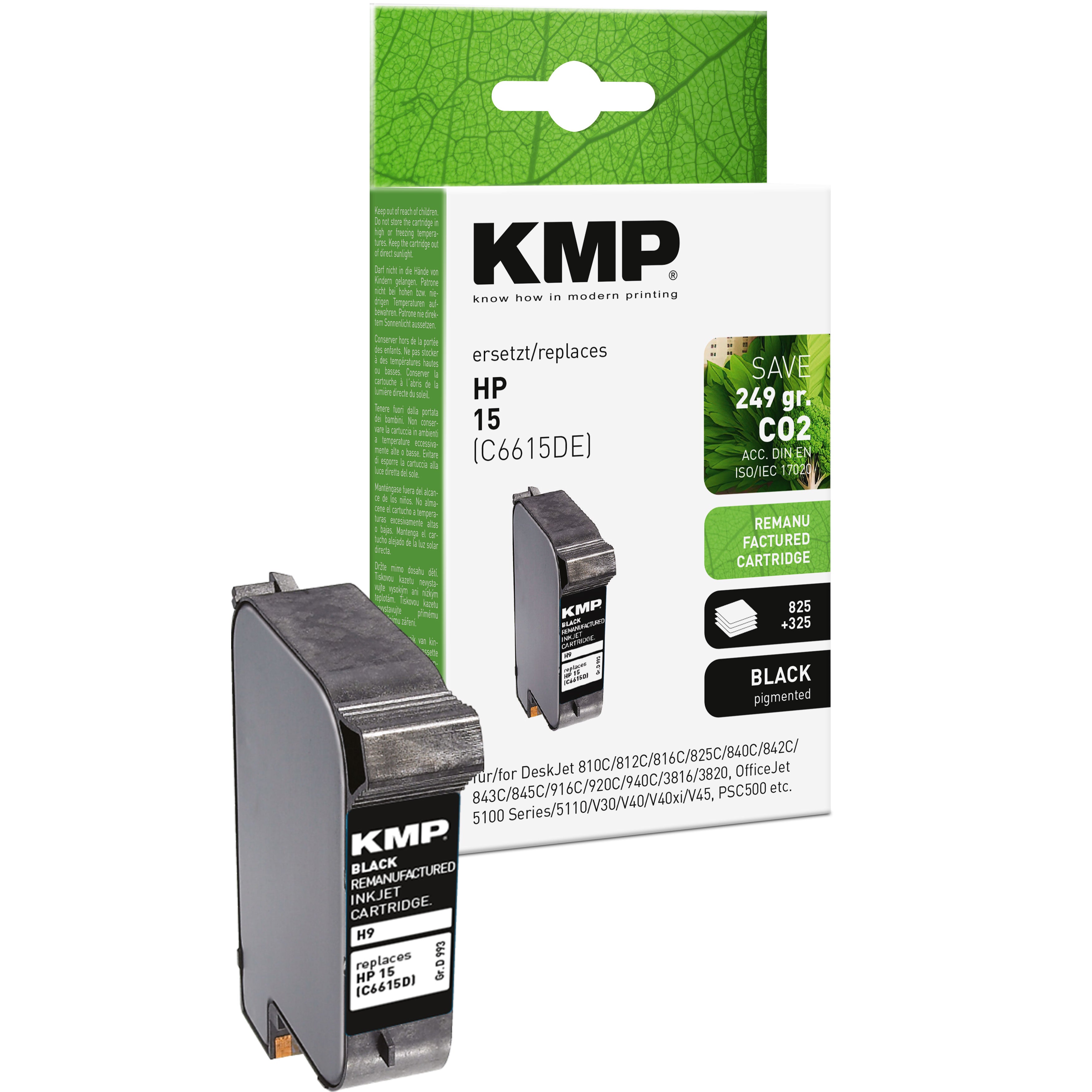 KMP Tintenpatrone für HP Deskjet alternativ zu C6615DE, schwarze pigmentierte Ersatzpatrone mit Kartuschenform