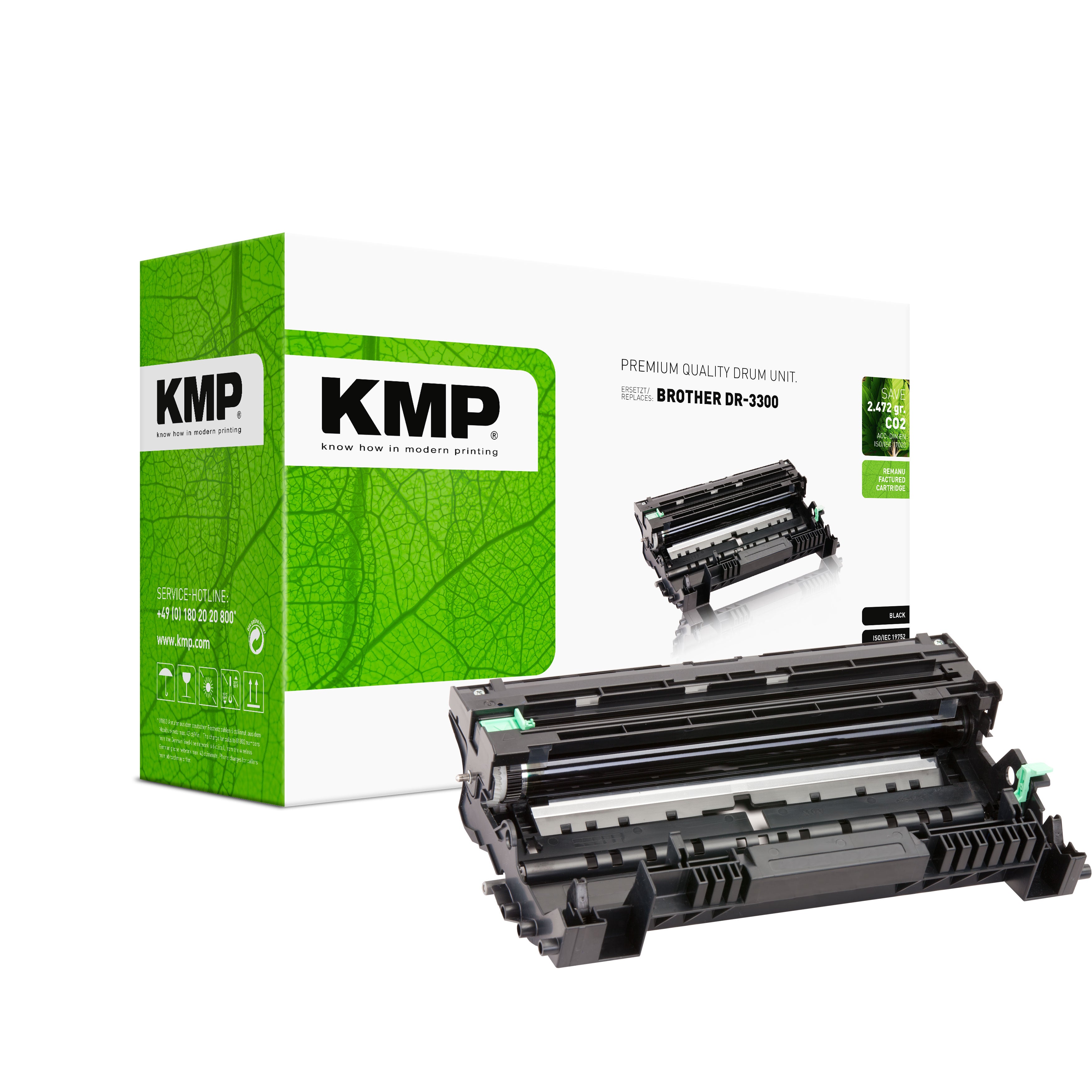 KMP Alternative für Brother DR3300 Trommeleinheit mit grünem Karton und schwarzer Druckeinheit im Vordergrund
