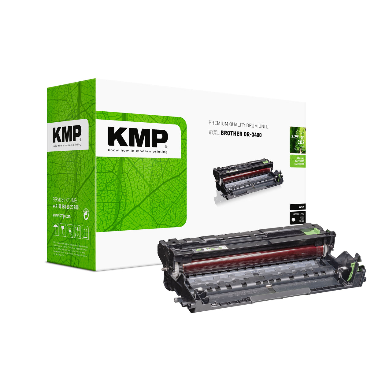 KMP Alternative für Brother DR3400 Tonerpatrone in grünem Karton mit schwarzem Drucker Verbrauchsmaterial