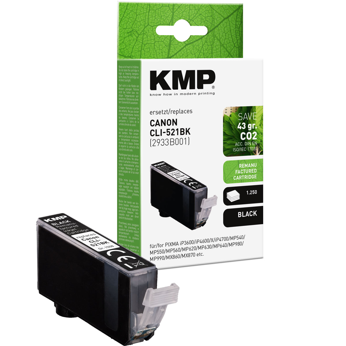 Canon PIXMA iP3600 iP4600 kompatible KMP Druckerpatrone für CLI 521 BK, schwarze Tinte, mit Ersatzhinweis
