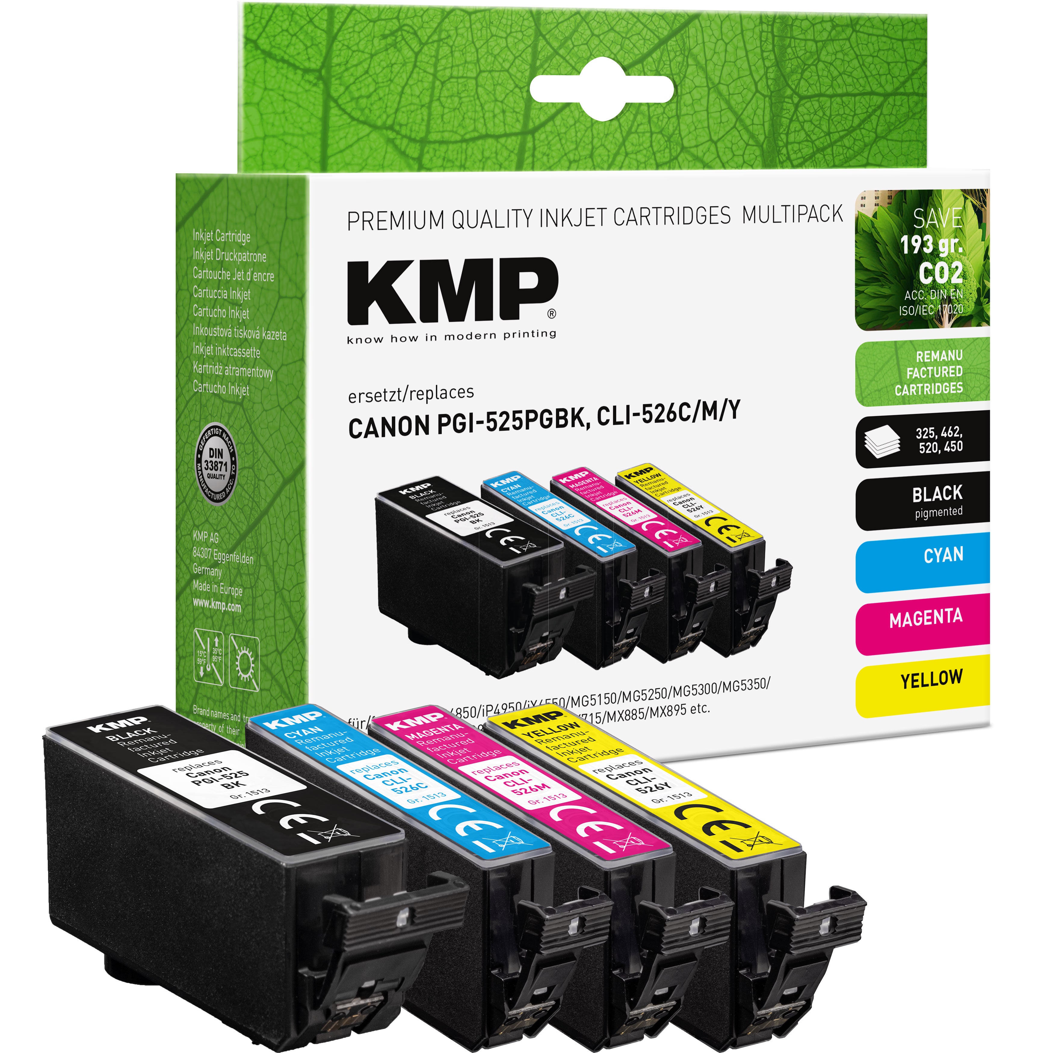 KMP Alternative für Canon PGI525PGBK, CLI526C,M,Y Druckerpatronen-Set cyan, magenta und gelb im Karton