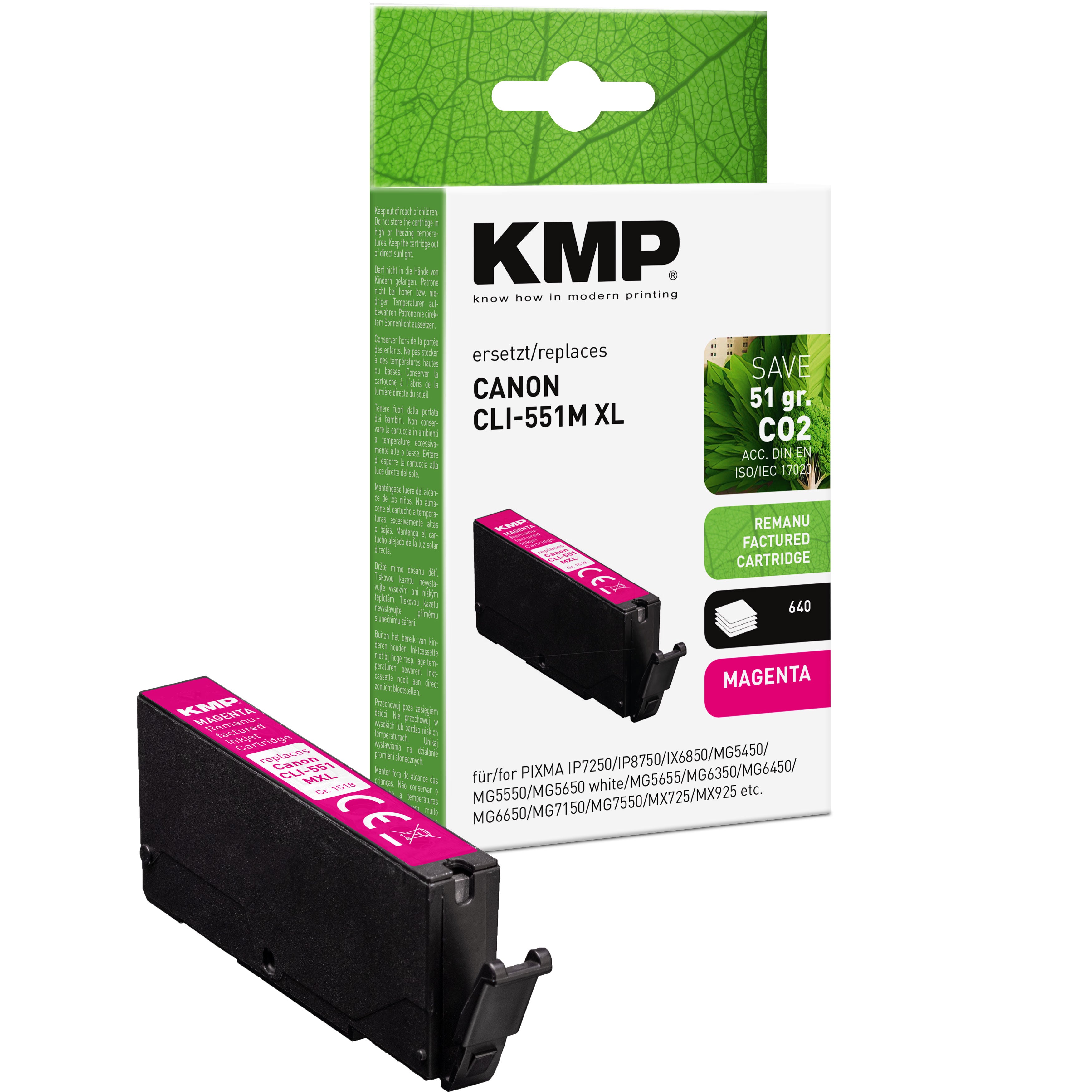 KMP Alternative für Canon CLI551M XL 6445B001, magenta Toner-Alternative für Canon Pixma und MG, mit XL Kennzeichnung