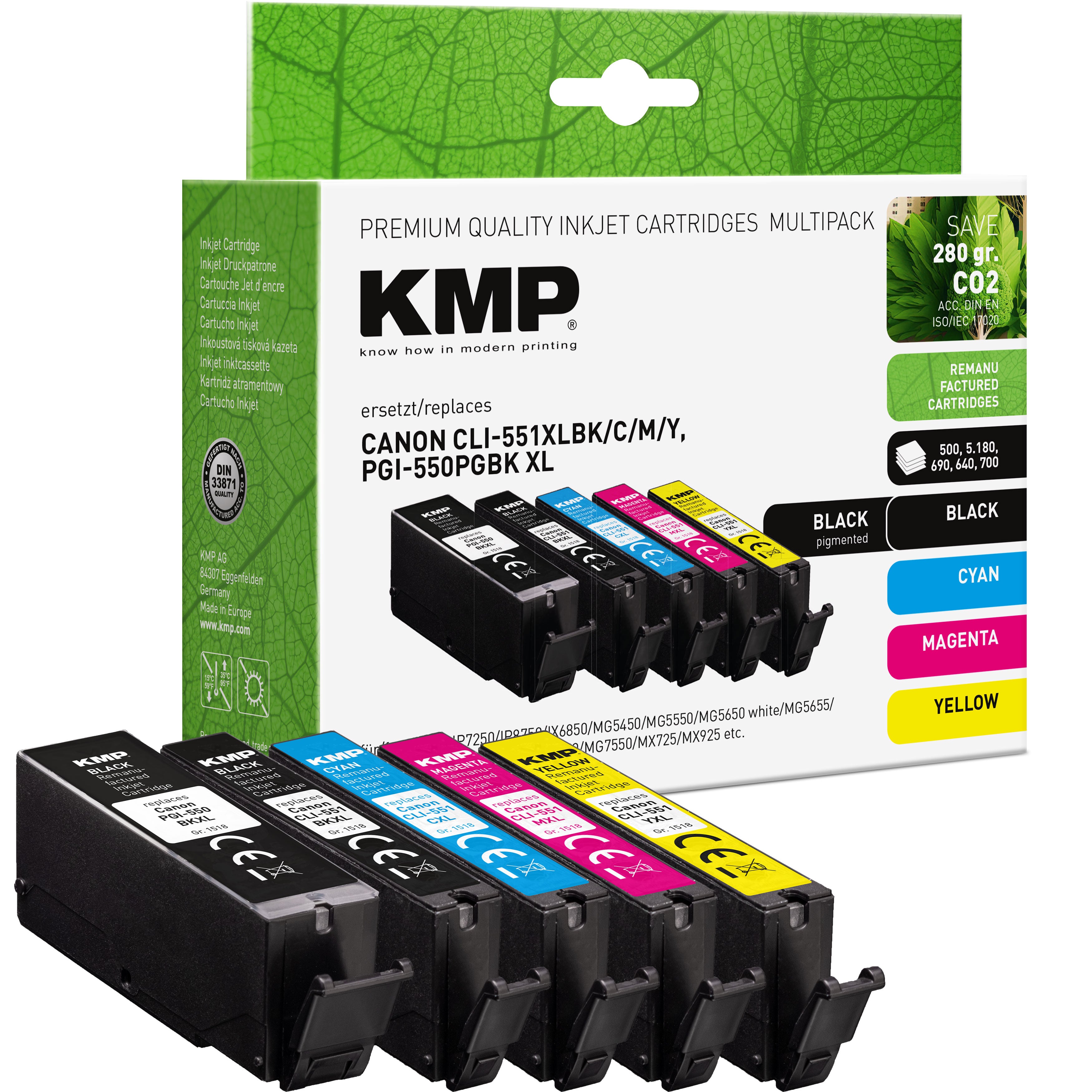 KMP Alternative für Canon PGI550PGBK XL, CLI551XL BK,C,M,Y Tintenpatronen-Set mit XL-Kapazität in Schwarz