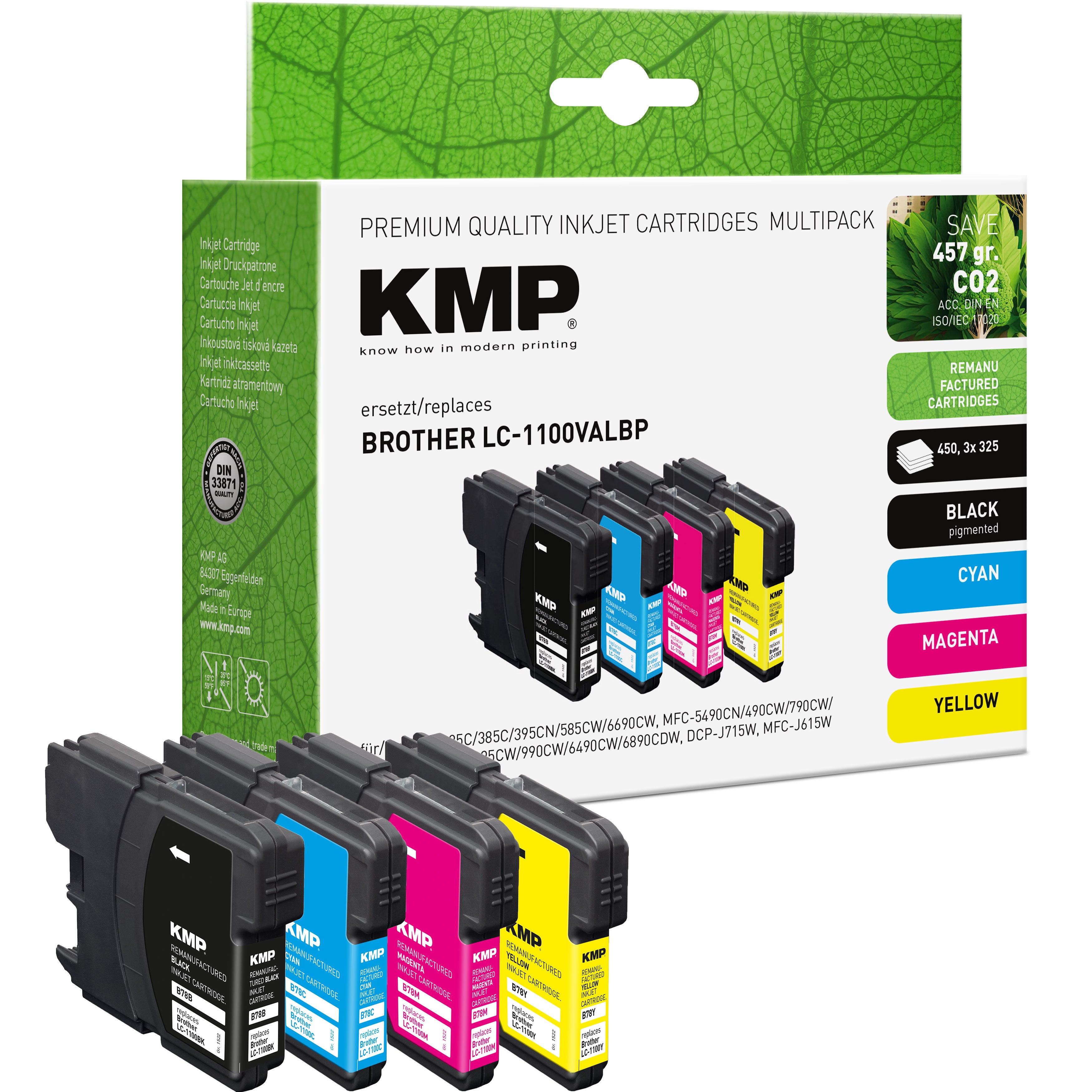 KMP Tintenpatrone für Brother LC1100VALBP, schwarze Tintenpatrone mit pigmentierter Ausführung im Set