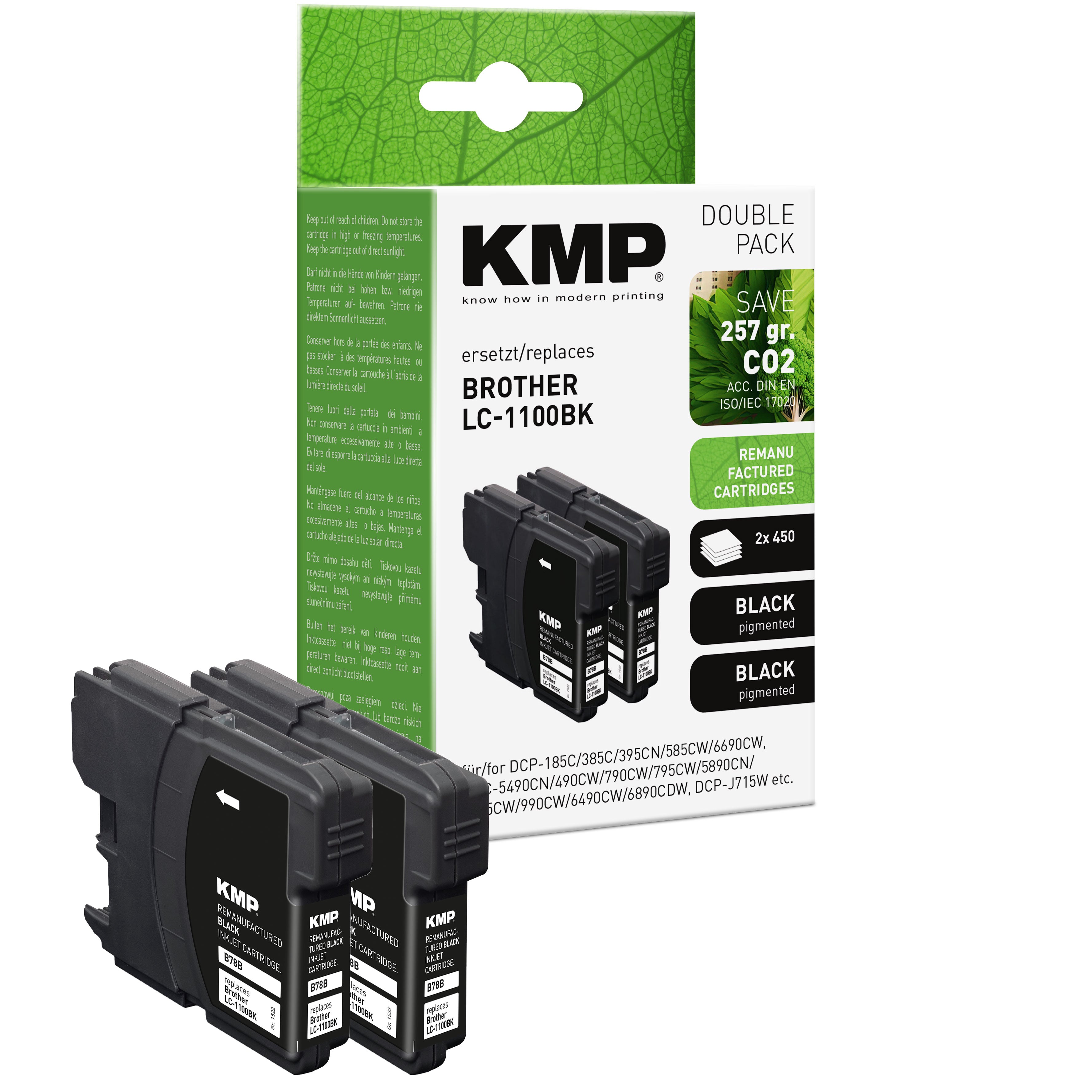 KMP Alternative für Brother 2x LC1100BK Tintenpatrone schwarz im 2er Pack mit schwarzer Tinte