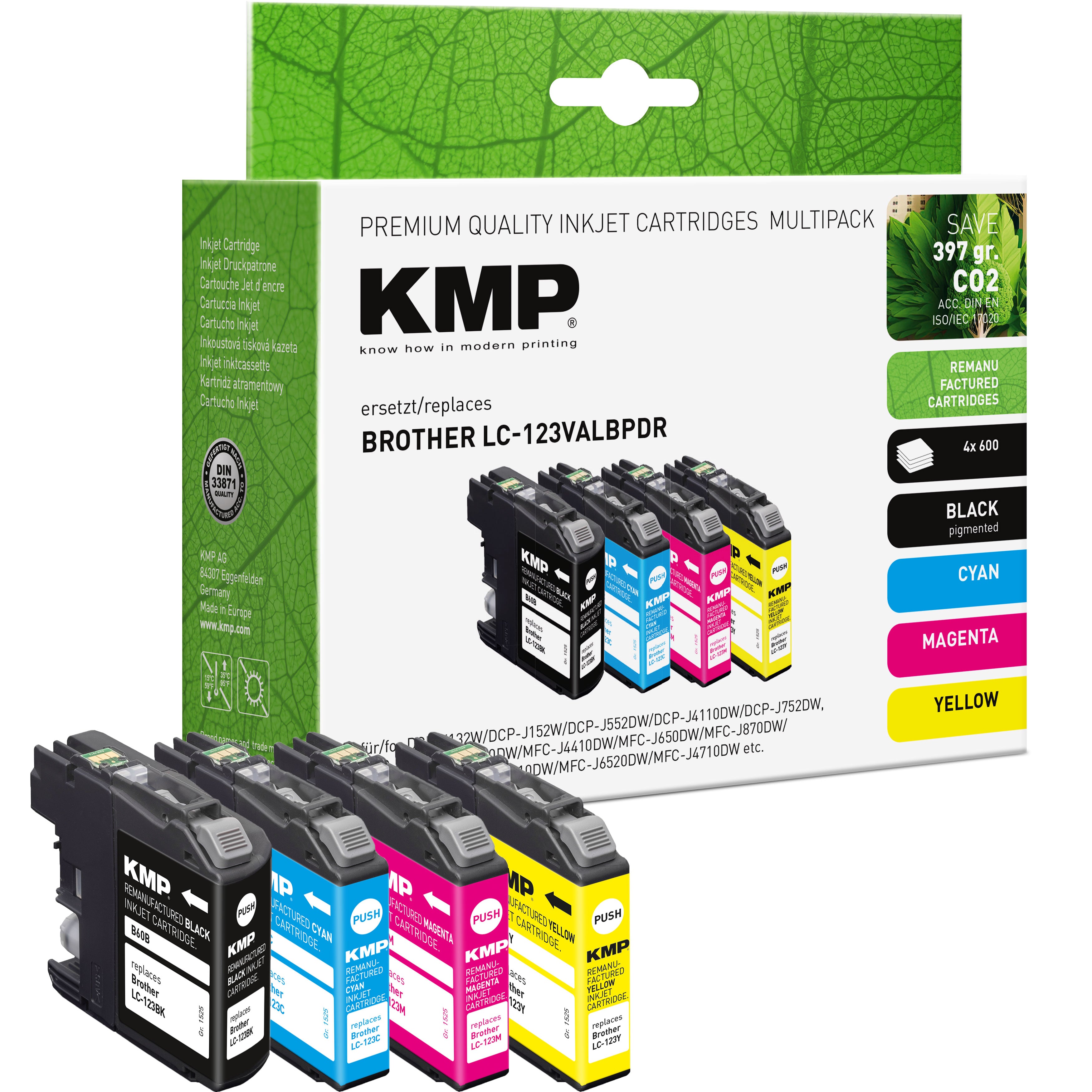 KMP Alternative für Brother LC123VALBPDR Tintenpatrone für Tintenstrahldruck in grünem Mehrfarben-Set mit Patronenhalter