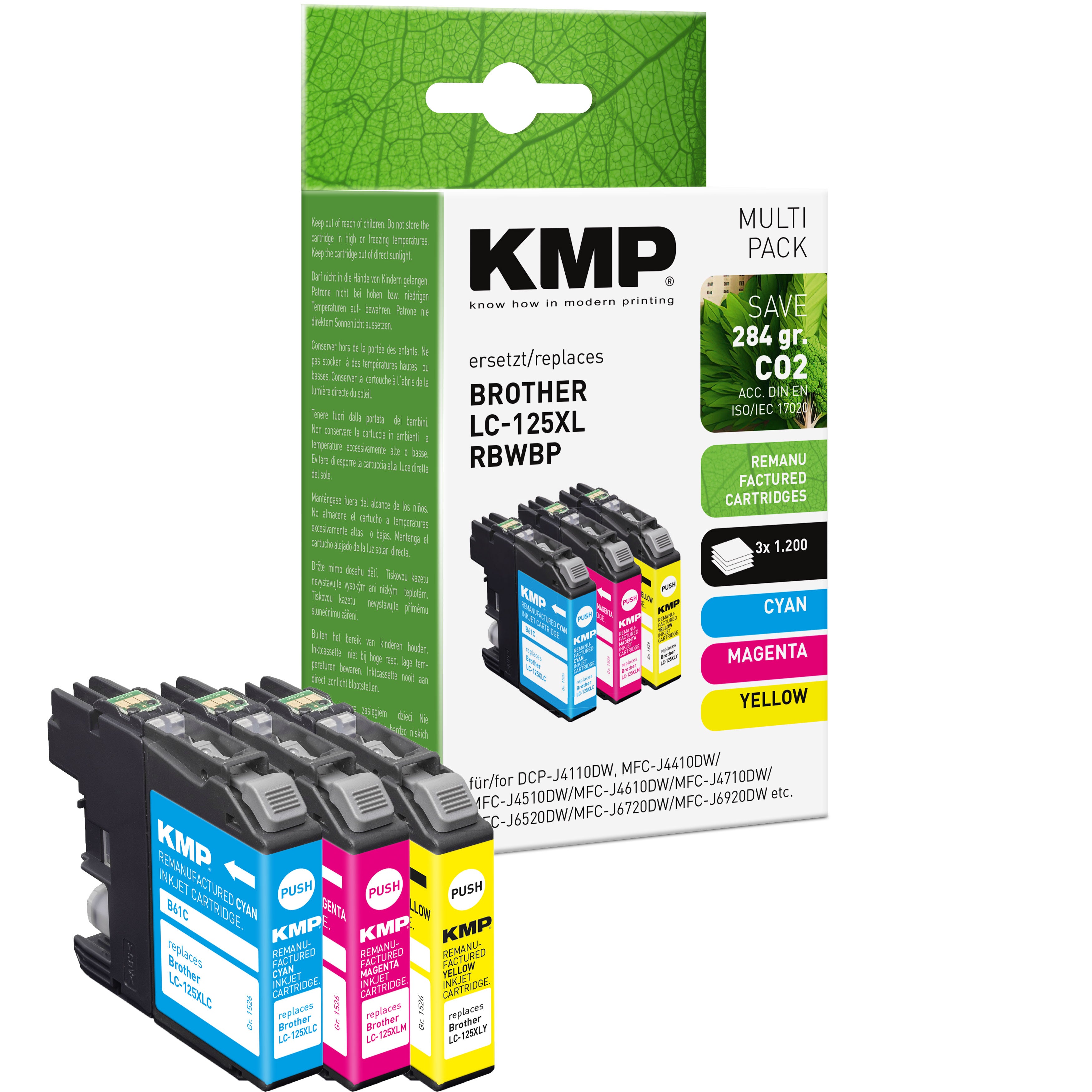 KMP Tintenpatrone für Brother LC125XLRBWBP cyan, kompatible Ersatzpatrone in grüner Verpackung