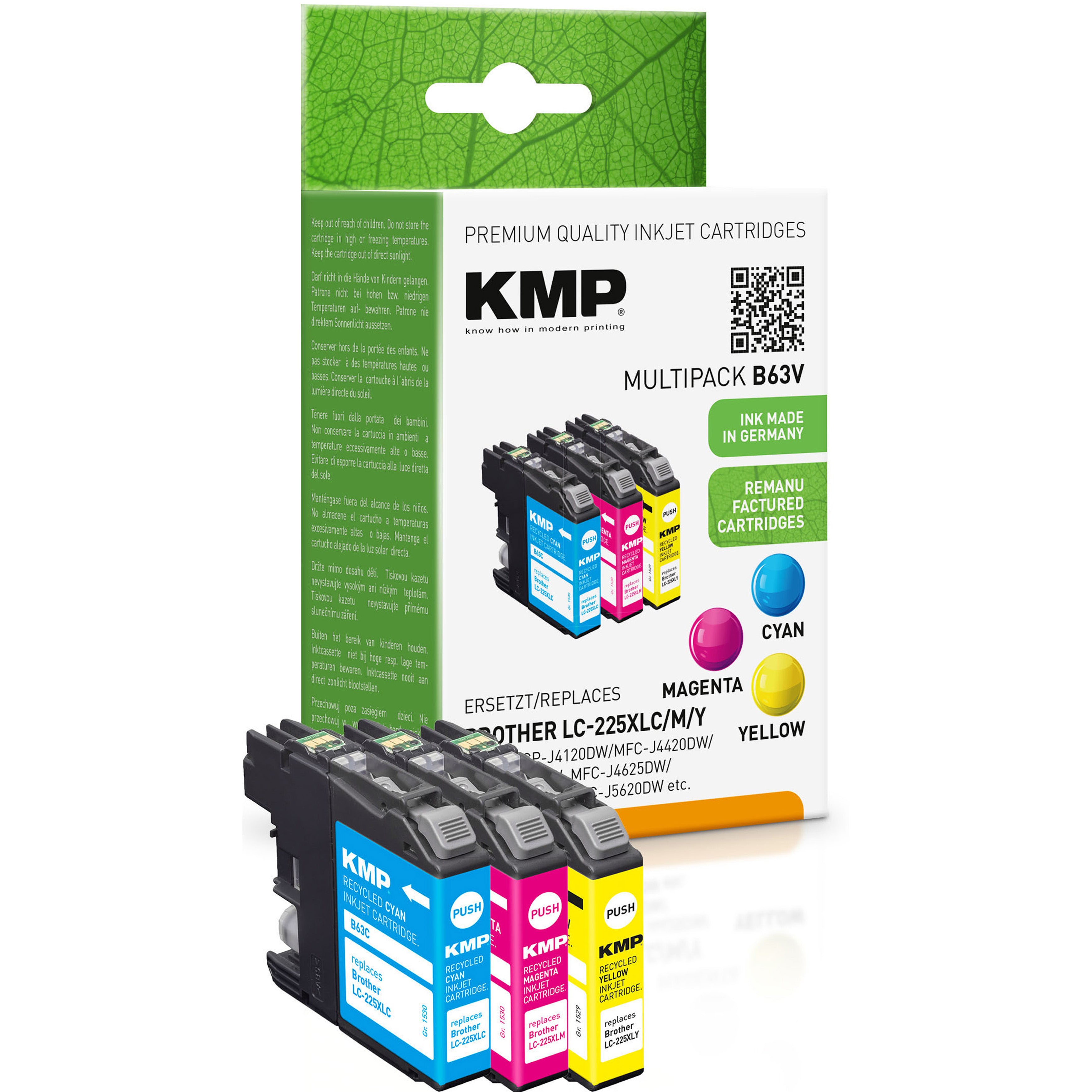 KMP Alternative für Brother LC225XL C M Y Tintenpatrone mit Tintenfarben in Blau Magenta Gelb