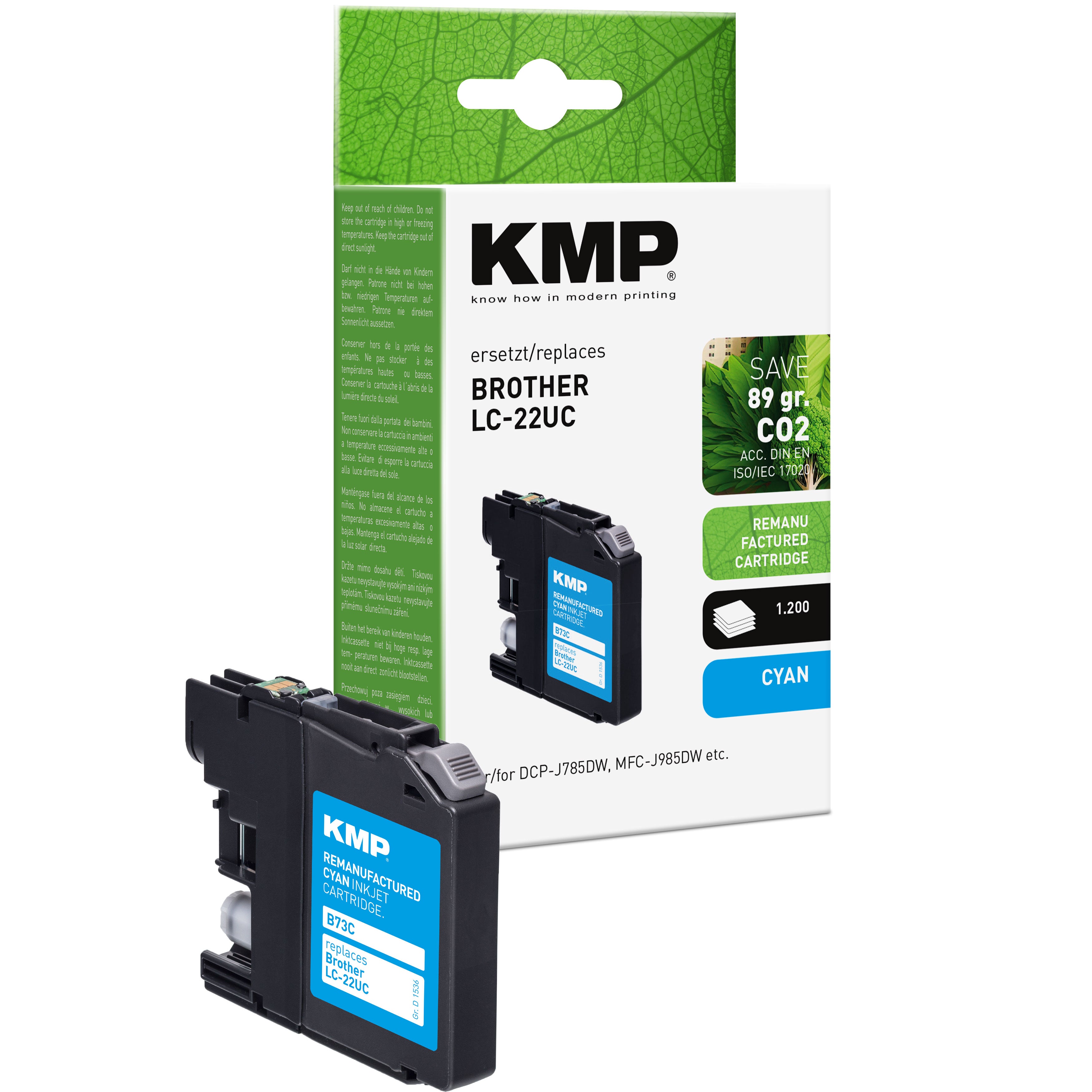 Brother DCP-J785DW, MFC-J985DW KMP Tintenpatrone cyan mit KMP Aufdruck und grüner Verpackung