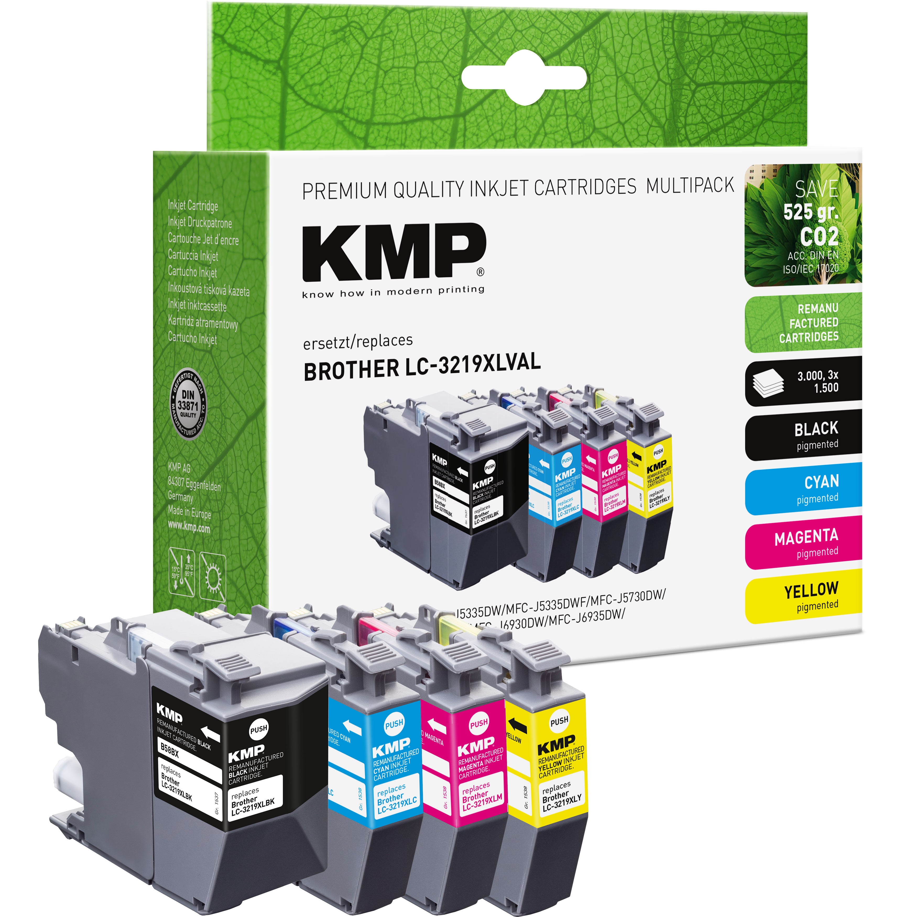 KMP Alternative für Brother LC3219XLVAL Tintenpatrone XL in grünem Verpackungsdesign für Brother MFC-J5330DW bis MFC-J6935DWF