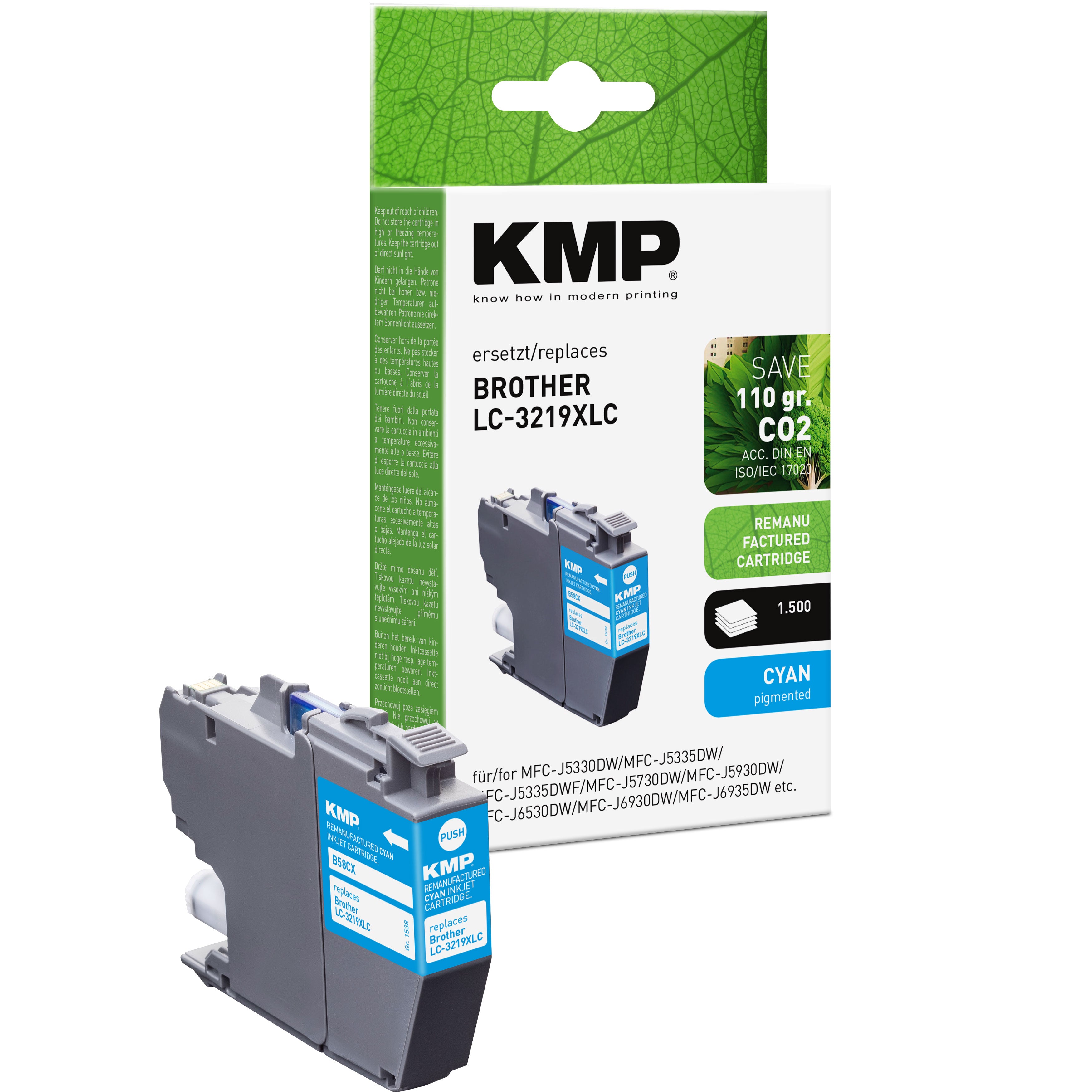 KMP Alternative für Brother LC3219XLC Tintenpatrone für Brother MFC-J5330DW, cyan pigmentiert auf Karton