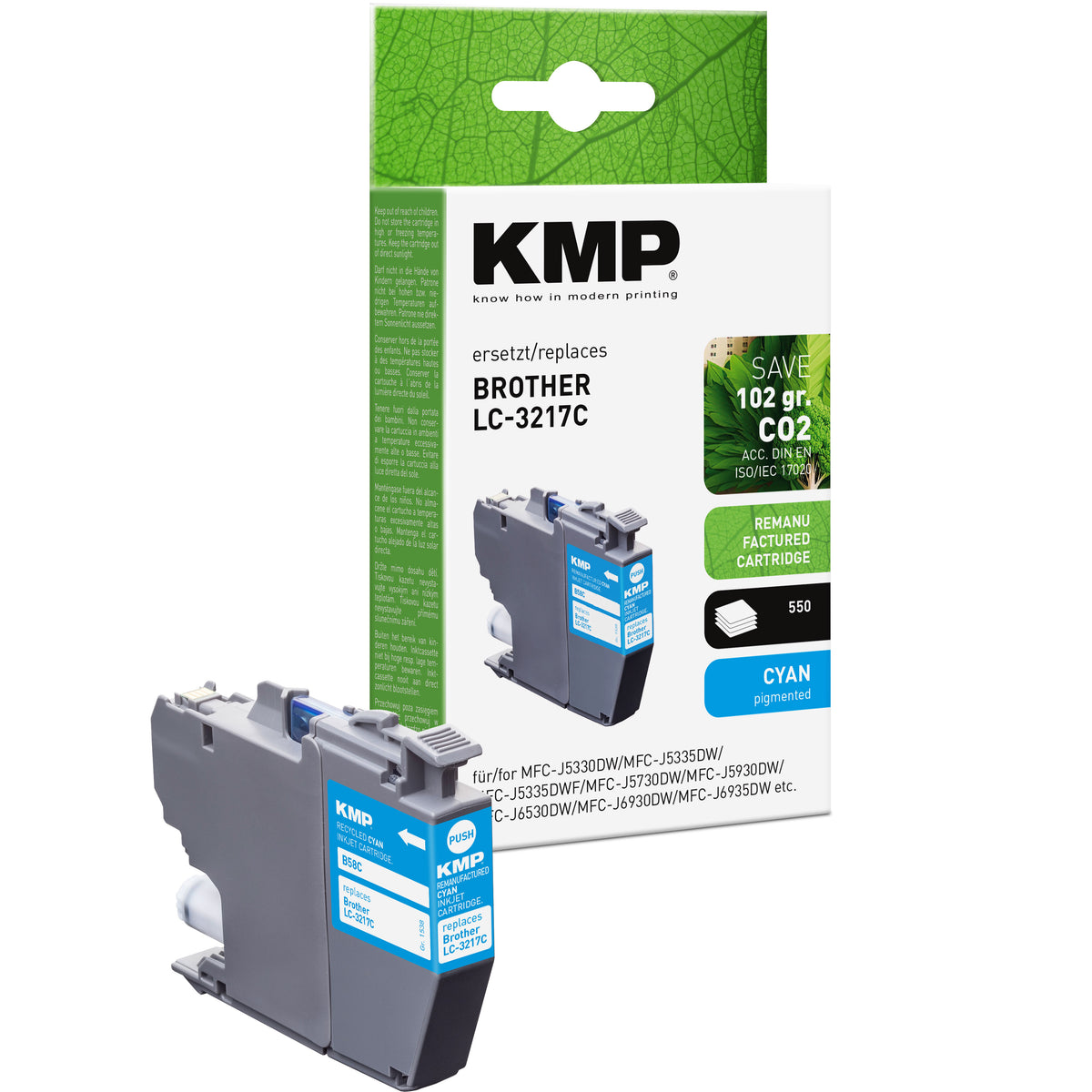 Brother MFC-J5330DW KMP Tintenpatrone LC-3217C cyan mit transparenter Verpackung und KMP Aufdruck