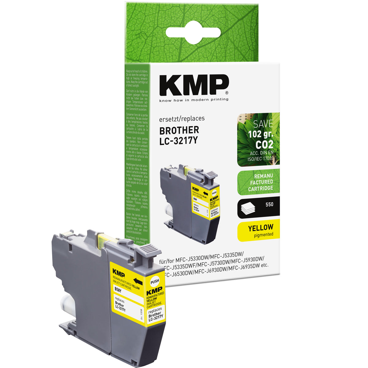 KMP LC3217Y Tintenpatrone gelb für Brother Drucker, mit gelbem Pigment und transparentem Fenster