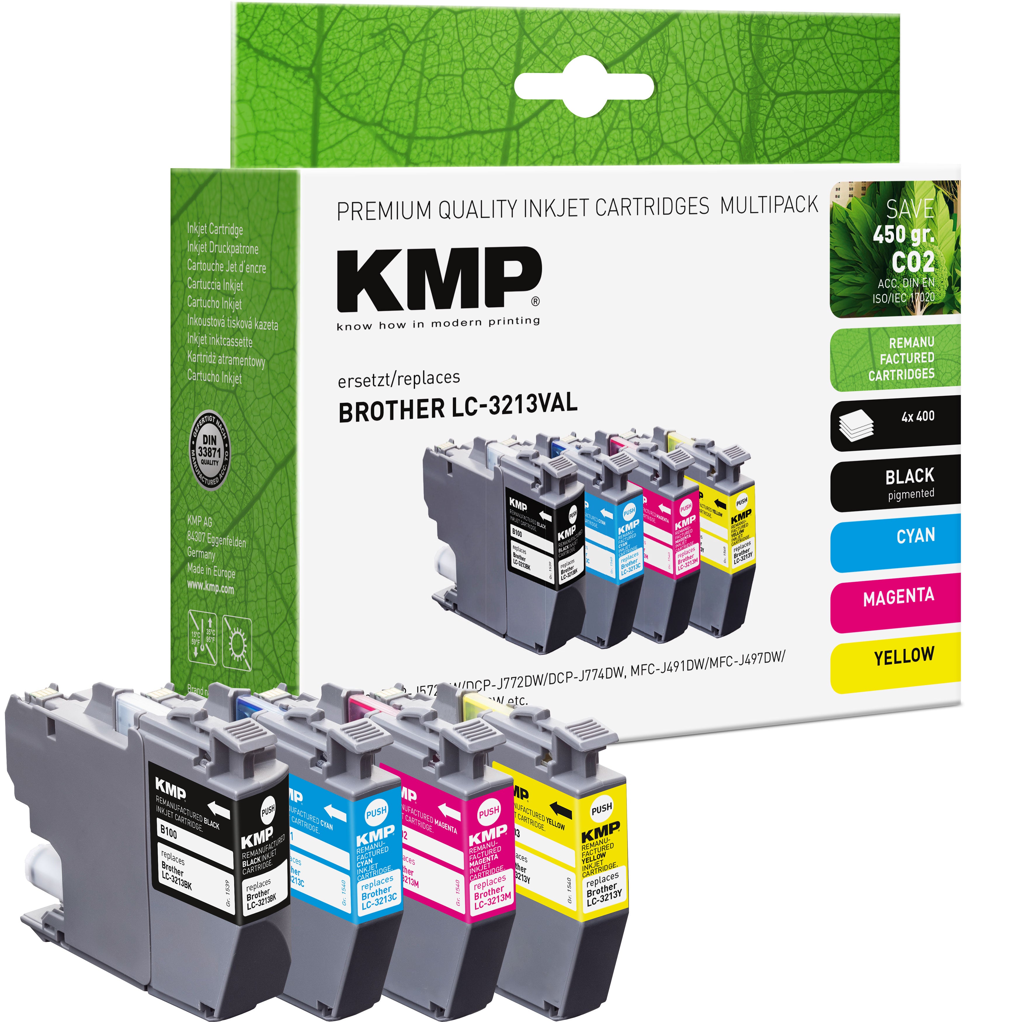 KMP Alternative für Brother LC3213VAL Tintenpatrone für Tintenstrahldrucker in grünem Karton mit Tintenstrahl-Set
