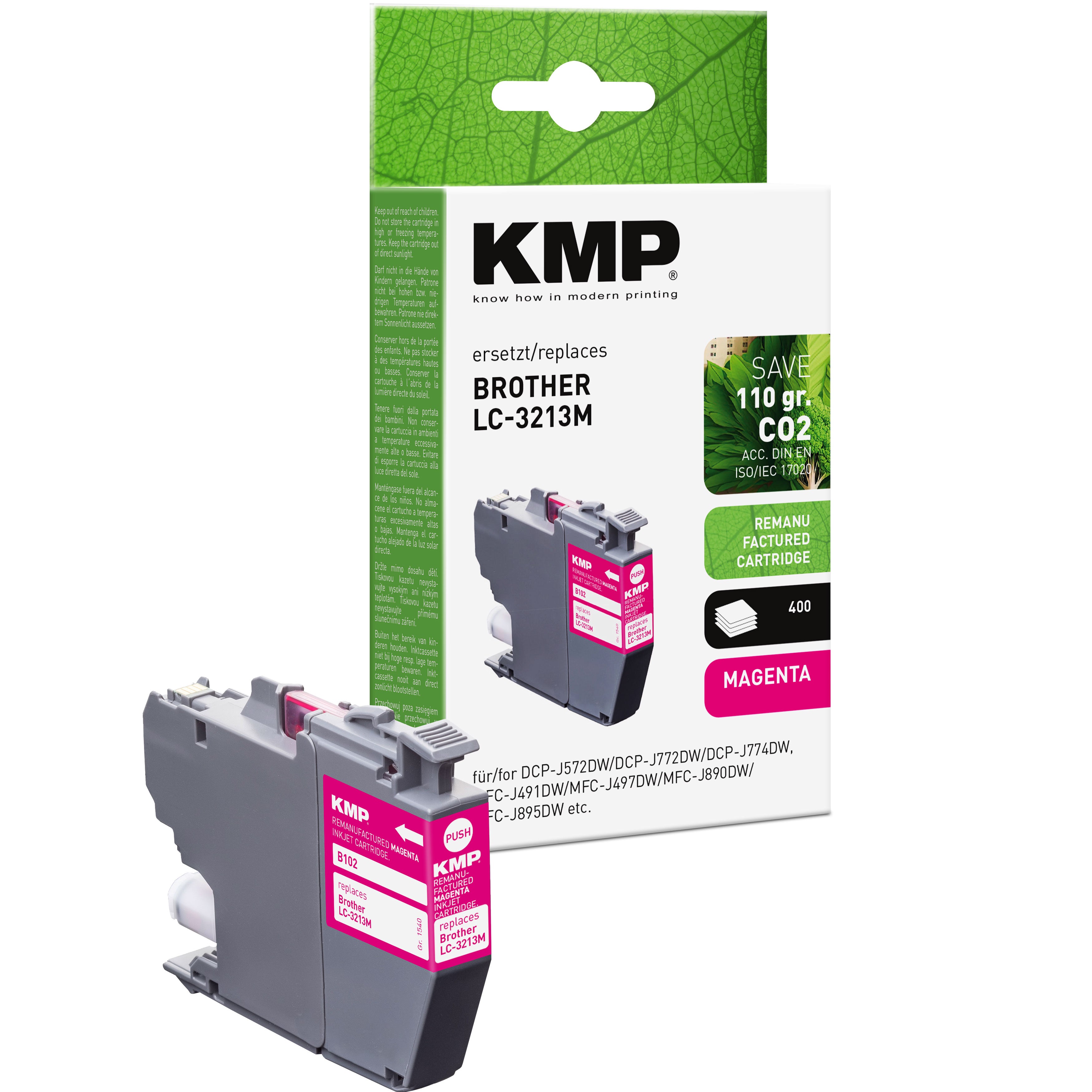 KMP Alternative für Brother LC3213M Tintenpatrone in Magenta mit Kartuschenbox und Aufdruck