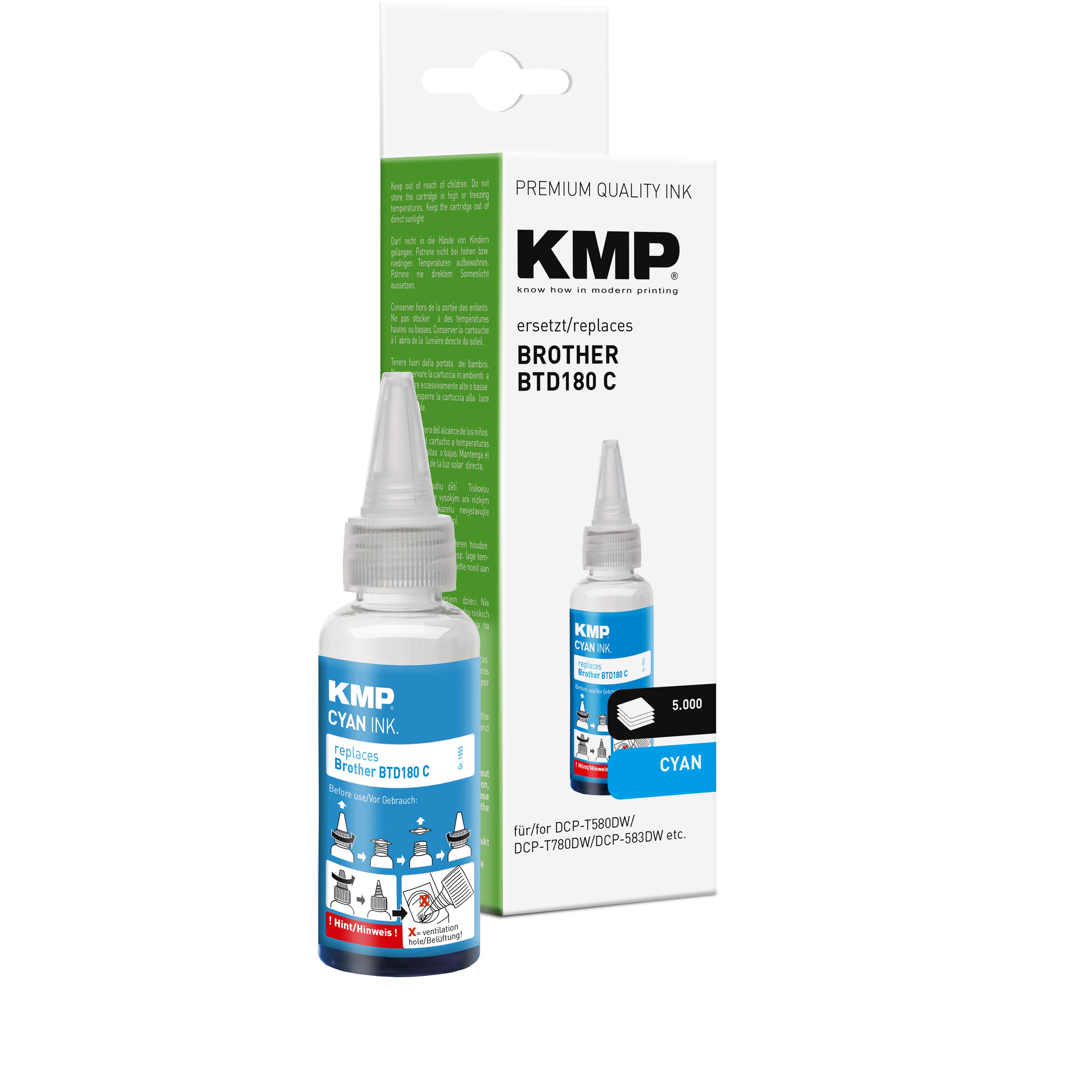 KMP Alternative für Brother BTD180C, cyanfarbene Tintenpatrone, Toner Alternative für Brother BTD180C