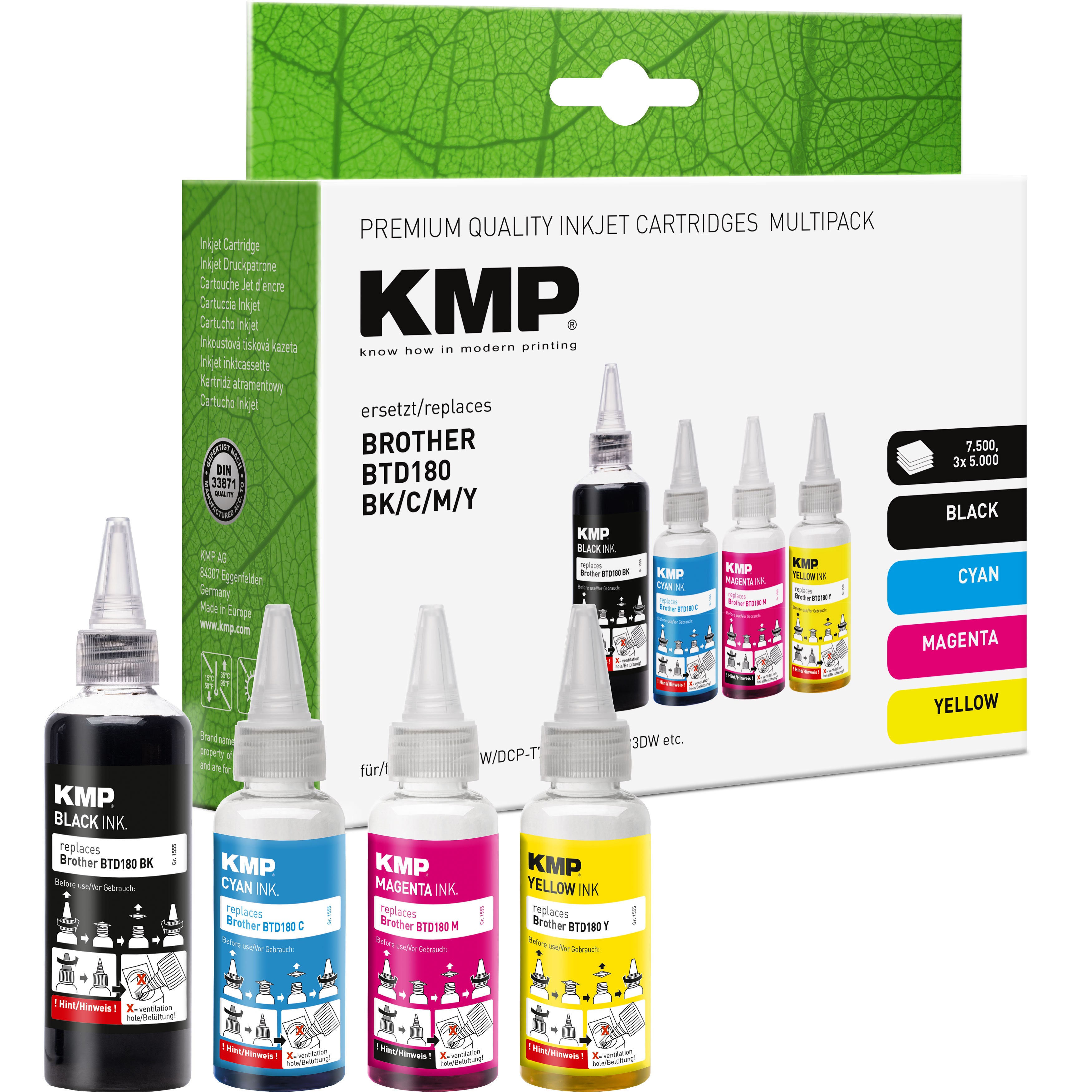 KMP Alternative für Brother BTD180BK C M Y, Tonerpatrone für Laser Drucker, grün hinterlegte Tintenflaschen