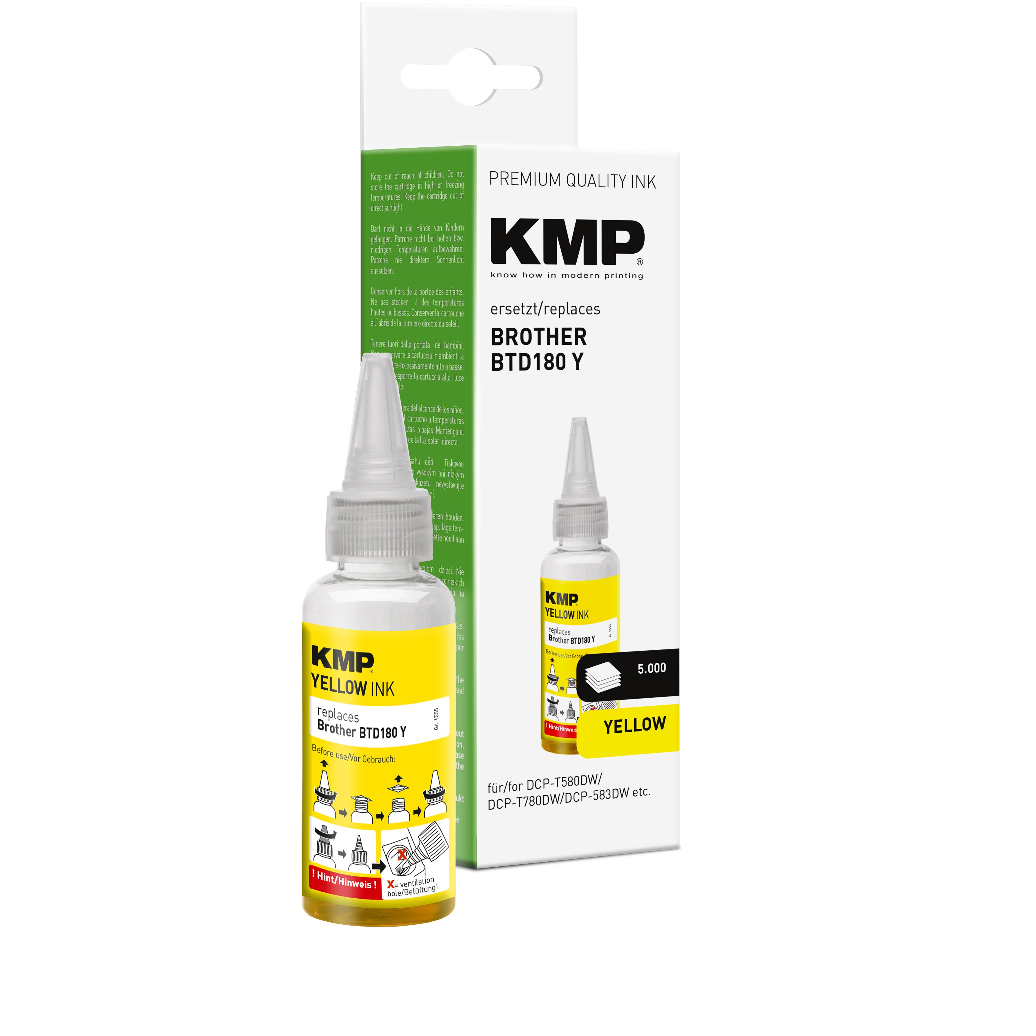 KMP Alternative für Brother BTD180Y Tonerersatz, gelbe Tinte in Flasche und Verpackung
