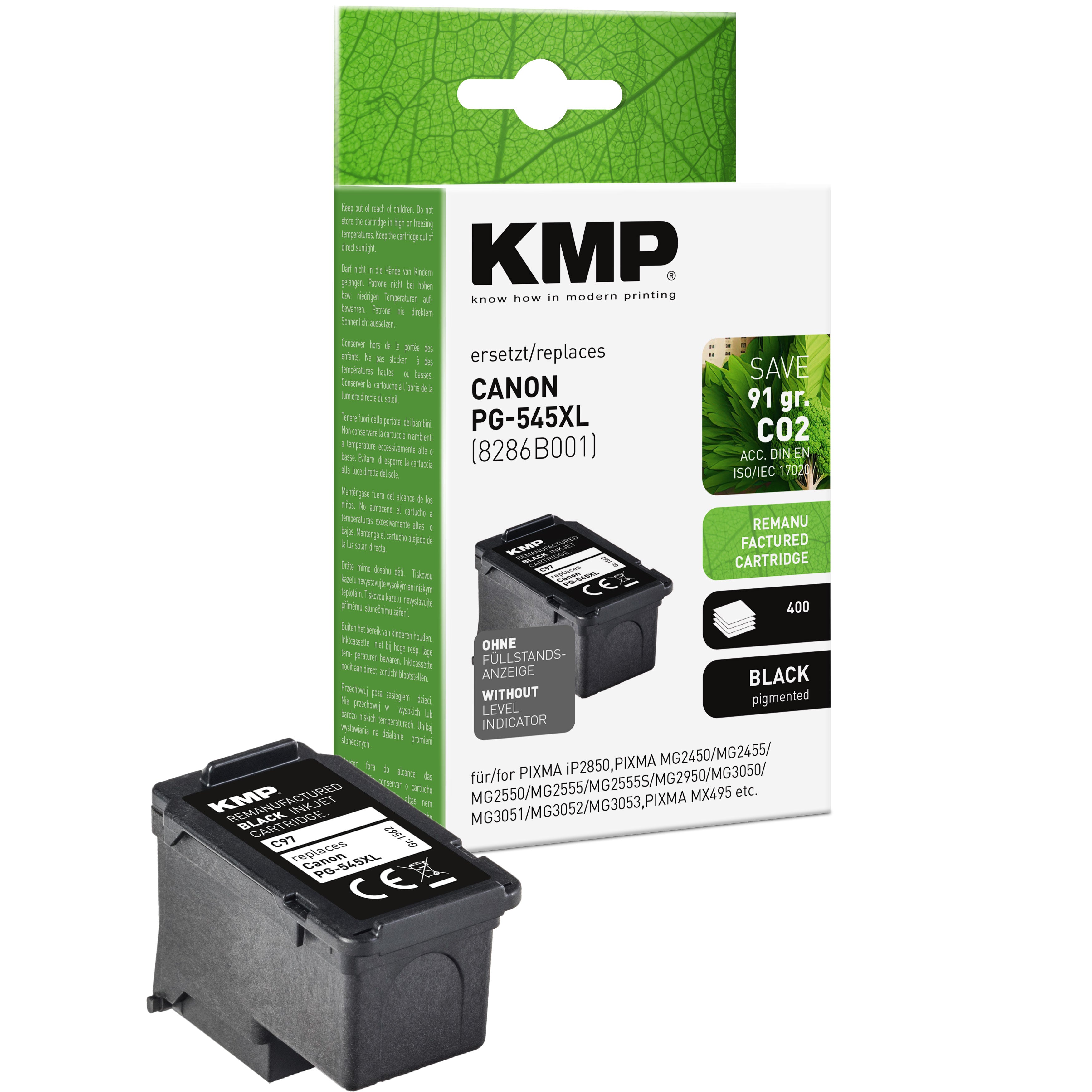 KMP Alternative für Canon PG545XL 8286B001 Druckerpatrone in schwarz mit Ersatz für Canon Pixma iP2850