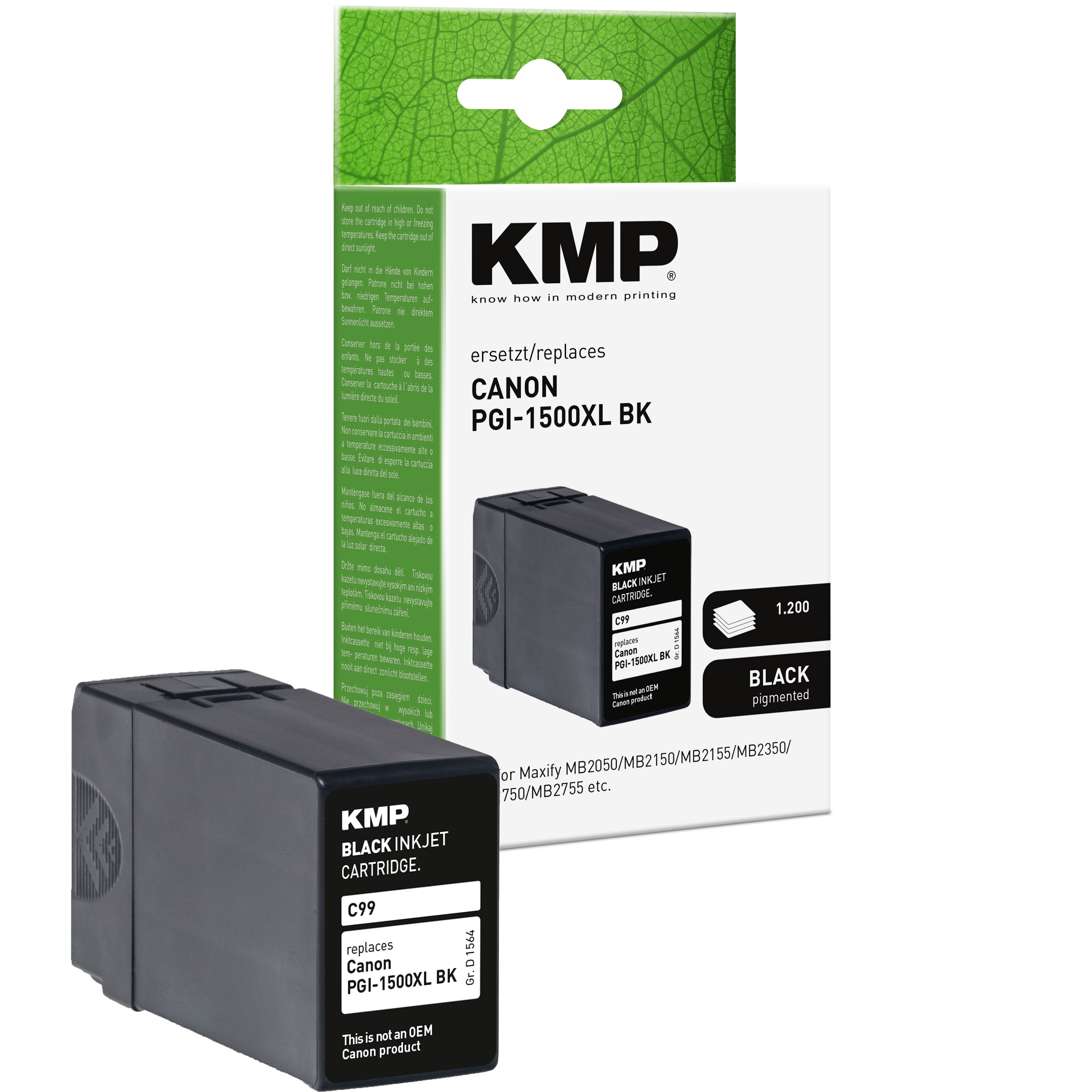 Canon Maxify MB2050 MB2150 MB2155 MB2350 MB2750 MB2755 KMP Tintenpatrone schwarz mit PGI-1500XL