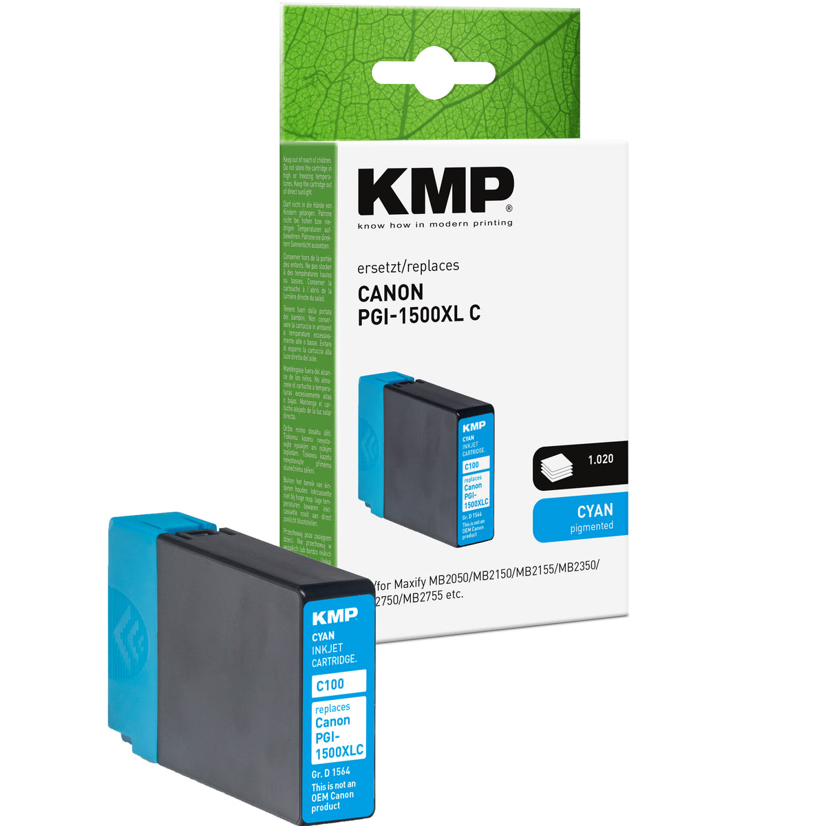 Canon PGI-1500XL C KMP Tintenpatrone cyan mit blauer Beschriftung für Maxify MB2050 bis MB2755