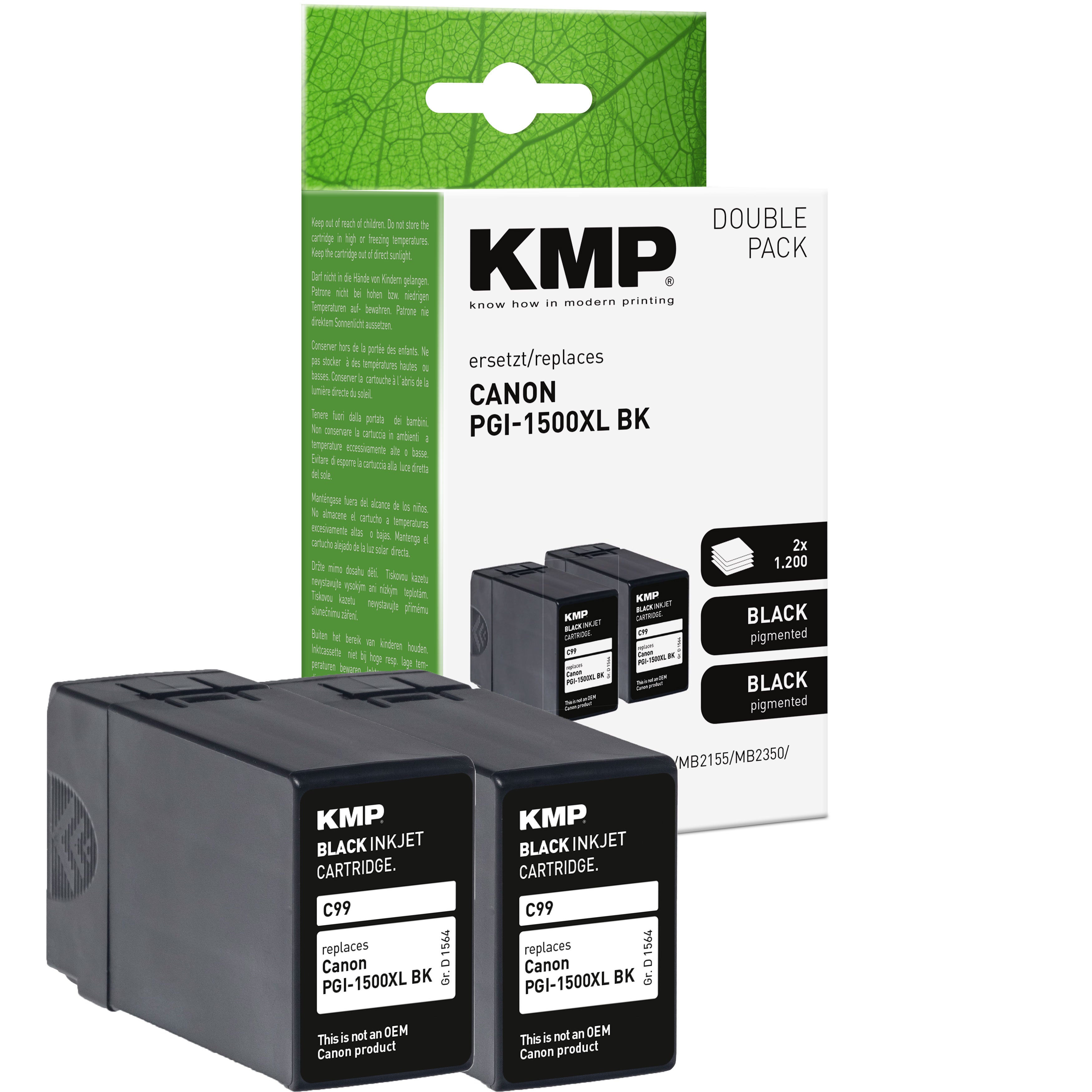 KMP Alternative für Canon 2x PGI1500XLBK 9182B001 Tintenpatronen-Set für Tintenstrahldrucker, schwarz, Doppelpack