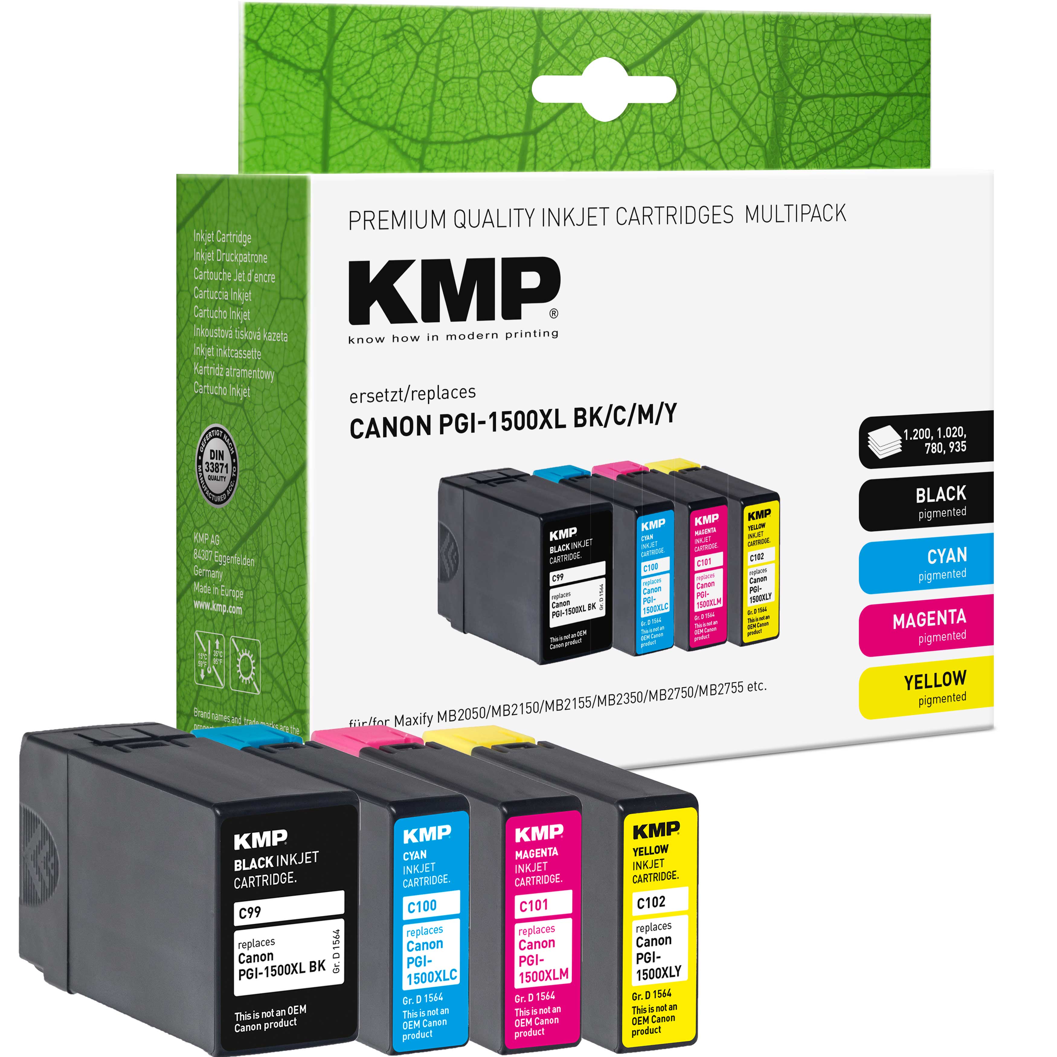 KMP Alternative für Canon PGI1500XLBK Tintenpatrone für Canon Maxify mit Farbsystem C, M, Y in Grün