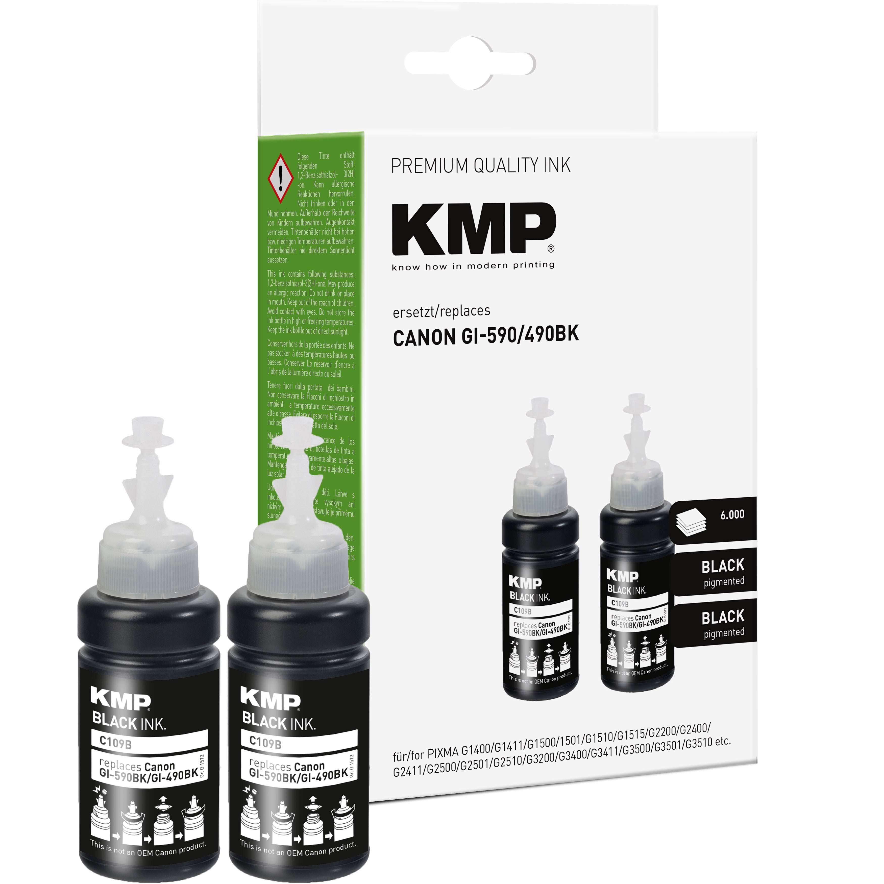 KMP Alternative für Canon GI590BK Tintenpatrone für Pixma G Serie, schwarze pigmentierte Tinte mit Flasche
