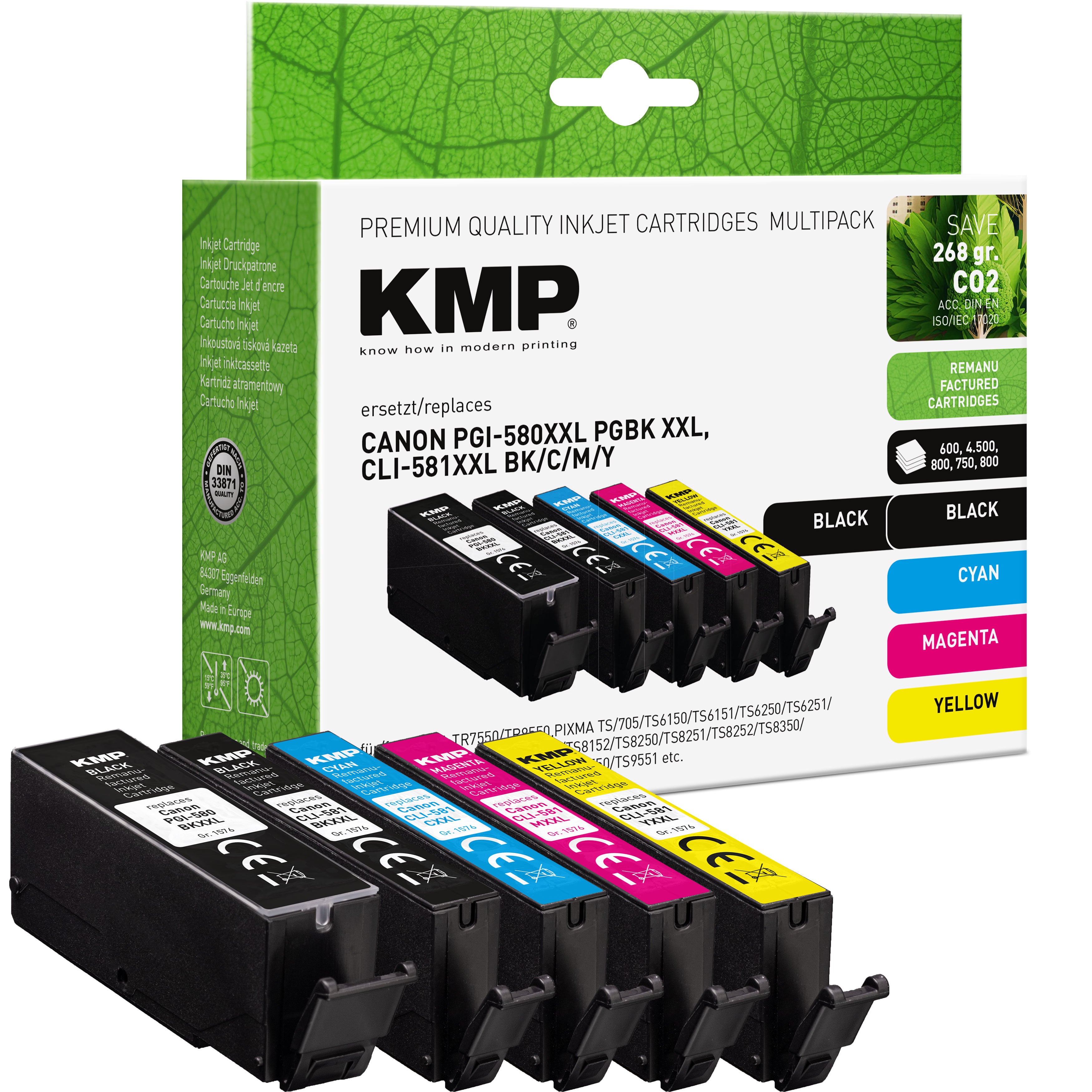 KMP Alternative für Canon PGI580PGBK XXL und CLI581BKCMY XXL Druckerpatronen-Set mit Tintenpatronen in Schwarz und Farbe