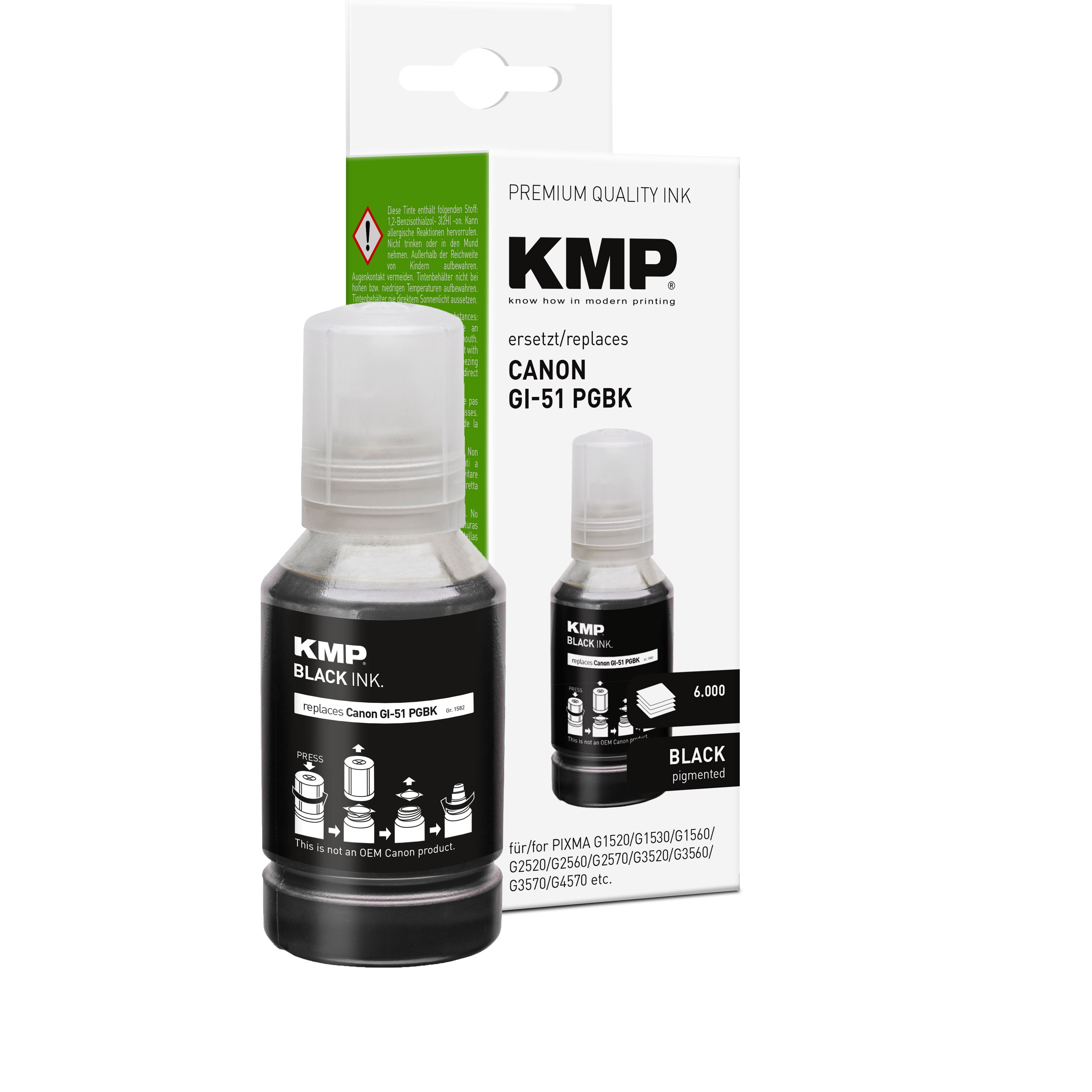 KMP Alternative für Canon GI51 PGBK 4529C001 Druckerpatrone mit schwarzer Pigmenttinte, transparentem Tank