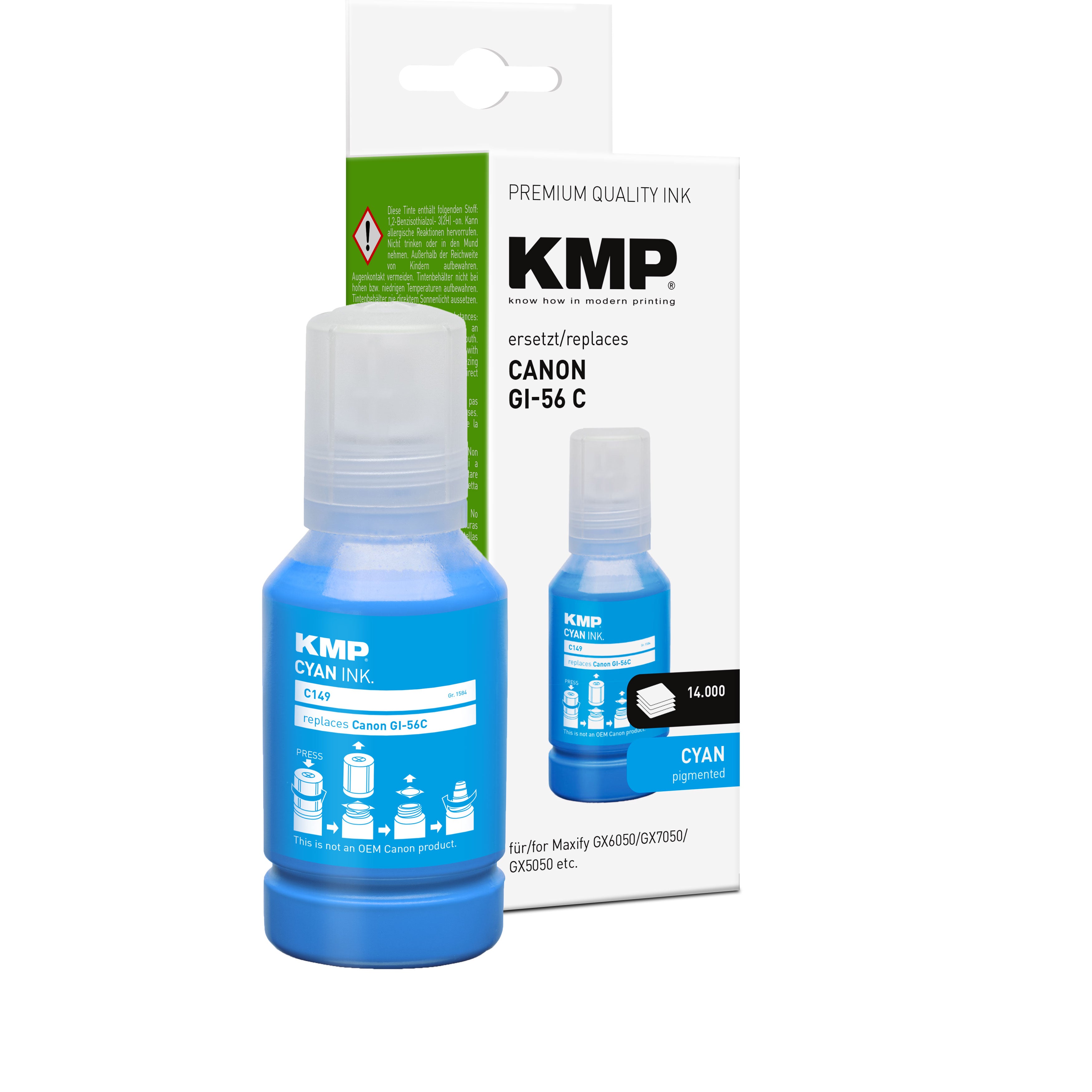 KMP Alternative für Canon GI56C 4430C001 Tintenpatrone in Cyan mit Ersatzfunktion für Canon Maxify GX6050