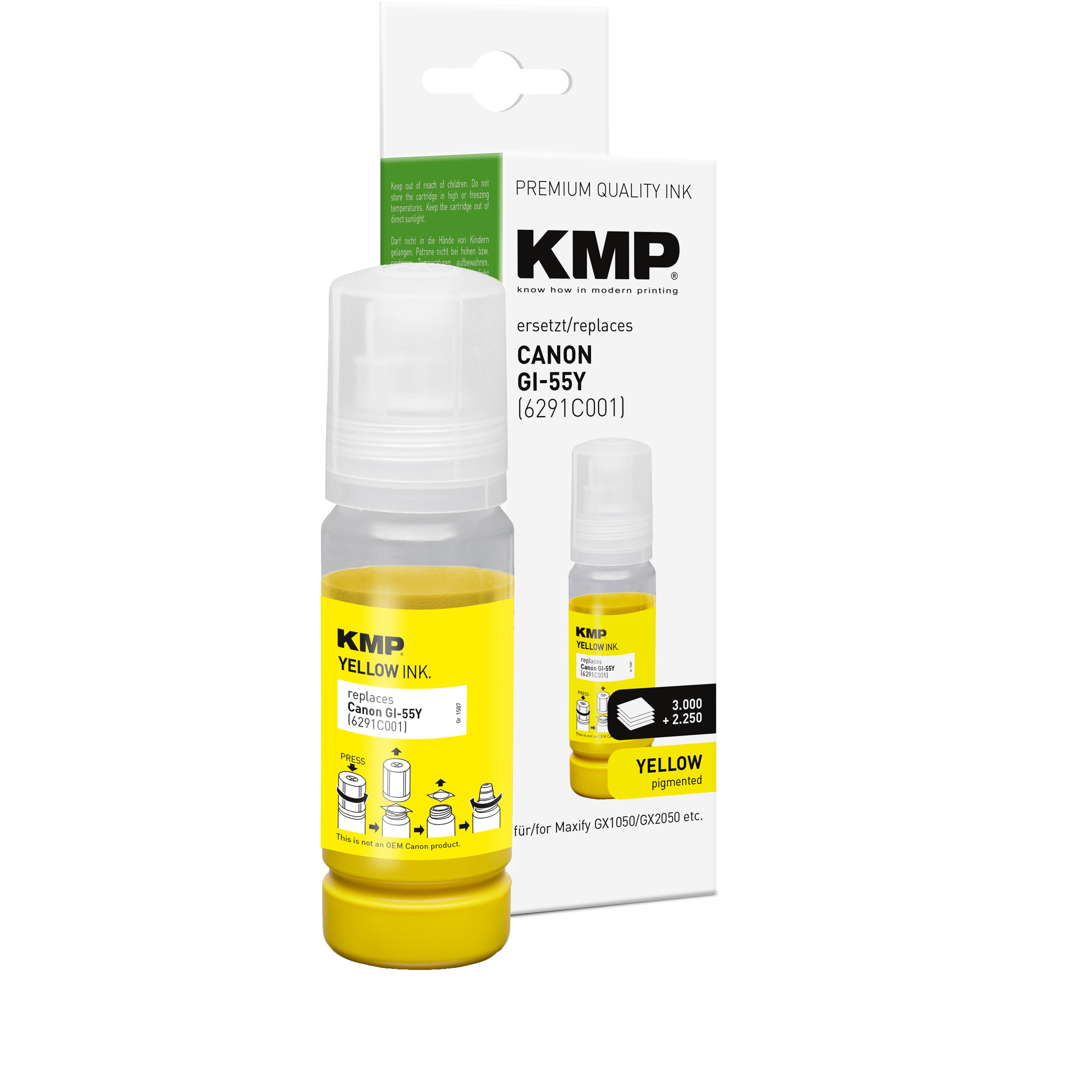 KMP Alternative für Canon GI55Y 6291C001 Tintenpatrone gelb für Tintenstrahldruck, mit gelbem Tintentank