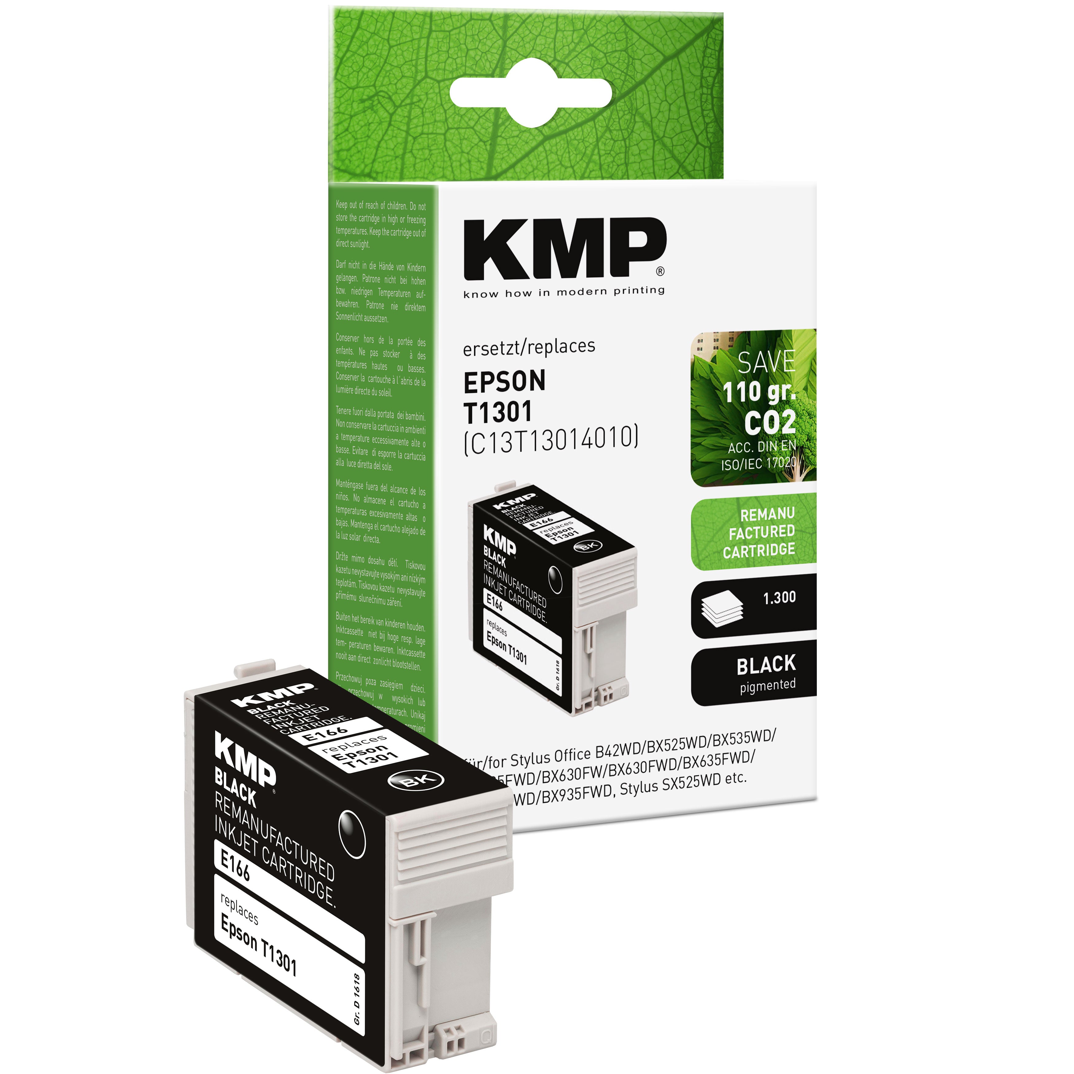 KMP Alternative für Epson T1301 Tintenpatrone von KMP, schwarze pigmentierte Tinte, kompakte Kartusche