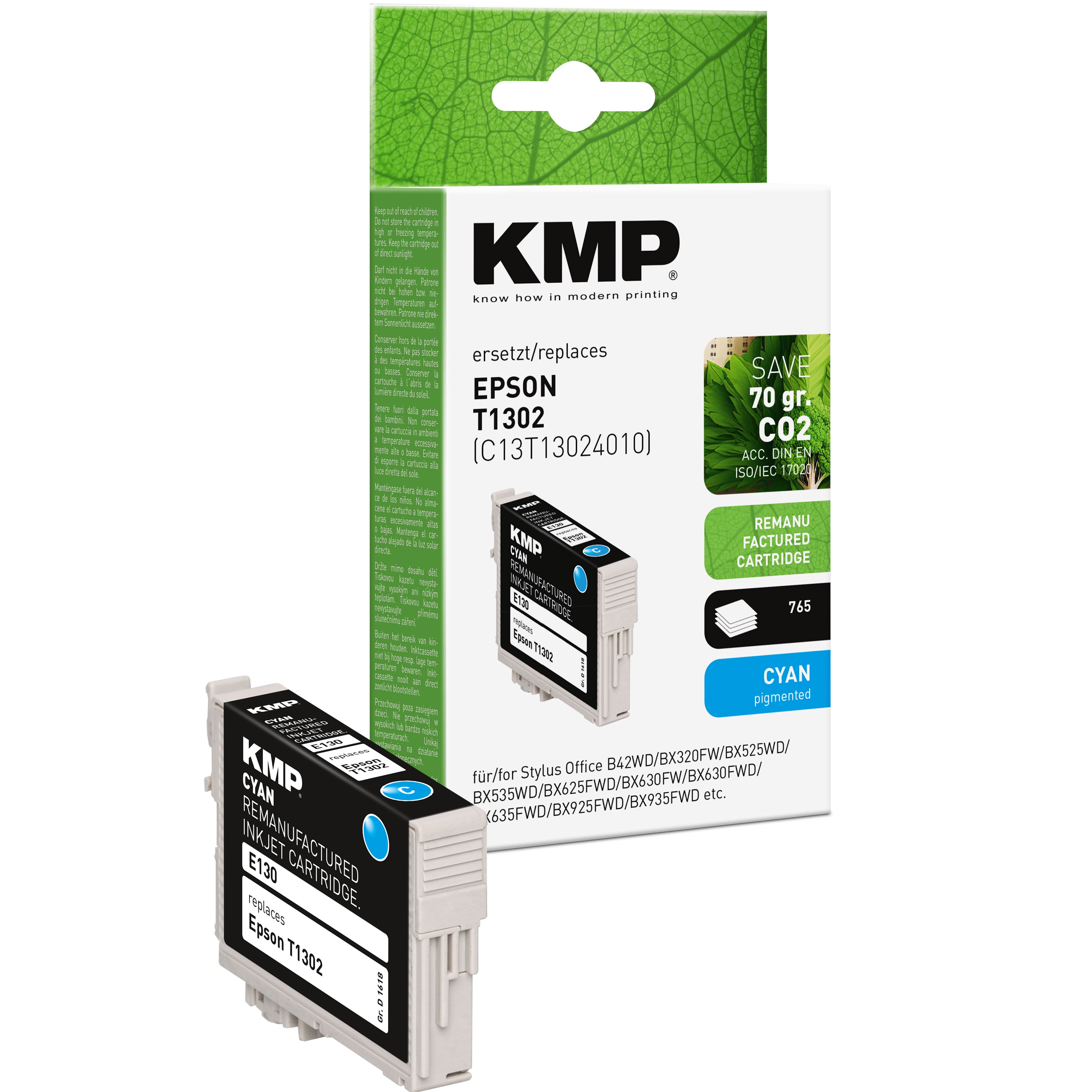 KMP Alternative für Epson T1302 Tintenpatrone cyan mit pigmentierter Tinte und Kunststoffgehäuse