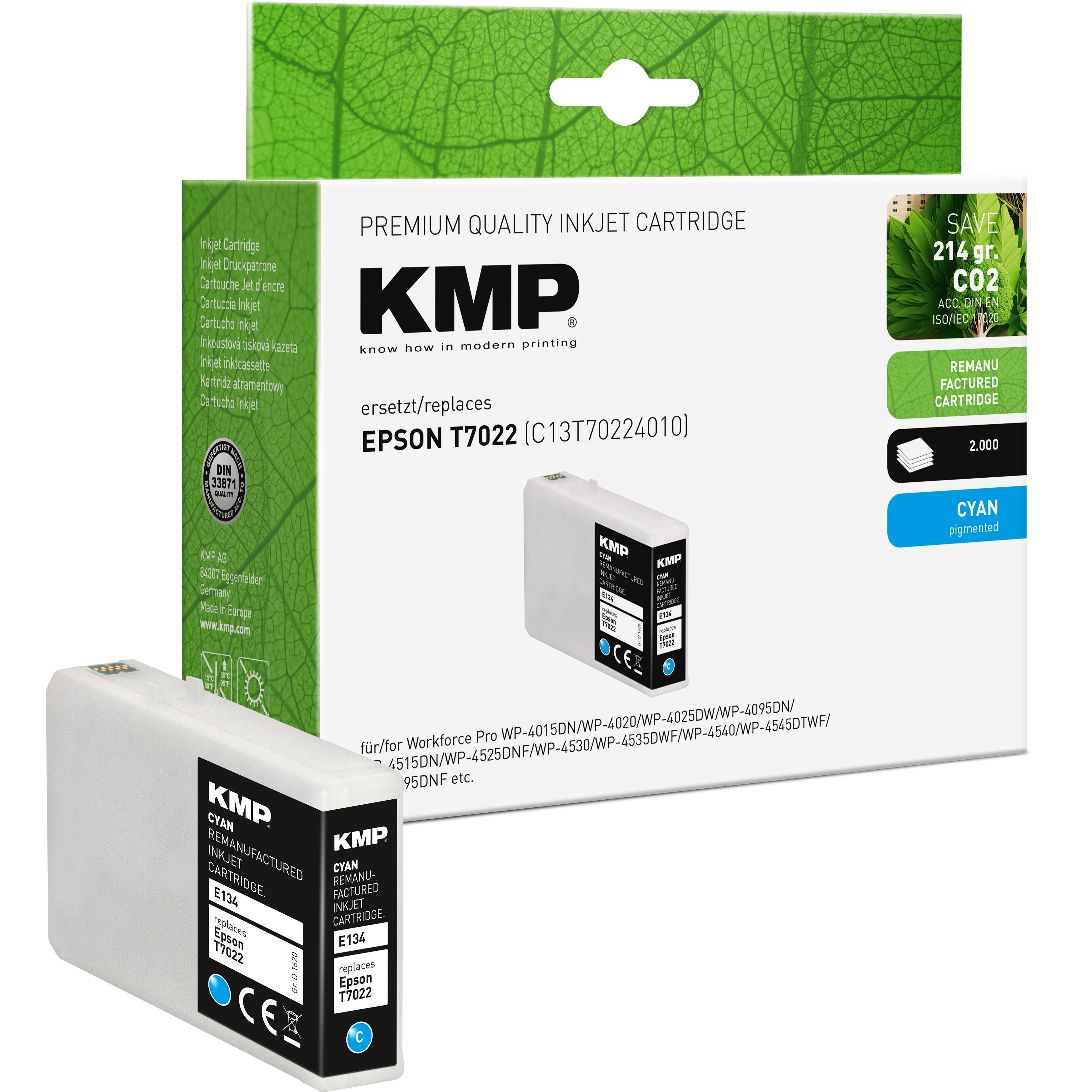 KMP Alternative für Epson T7022 Tintenpatrone cyan mit Drucker-Verbrauchsmaterial für Epson Workforce Pro