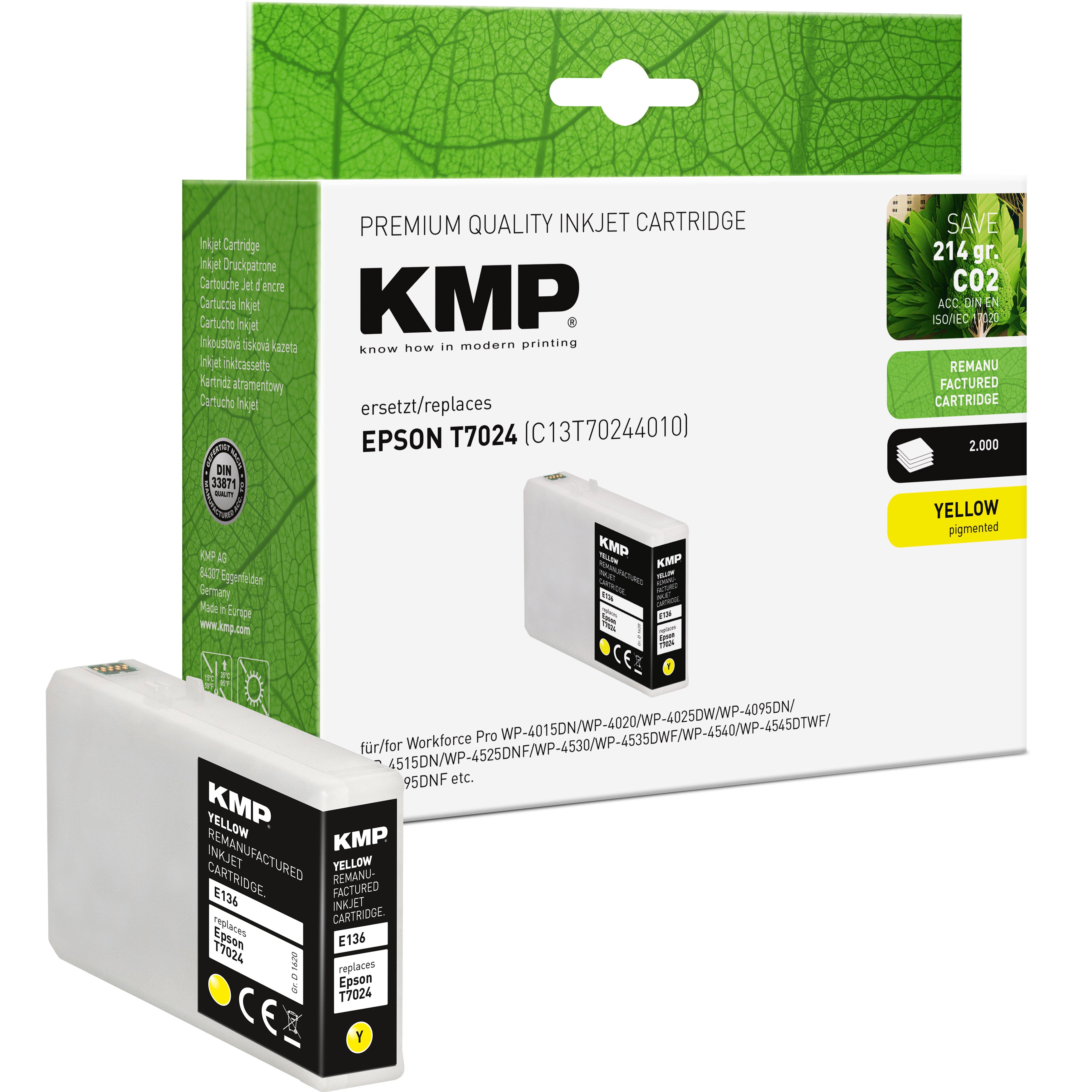 KMP Alternative für Epson T7024 Tintenpatrone für Epson Workforce Pro Drucker gelb mit grünem Verpackungsdesign