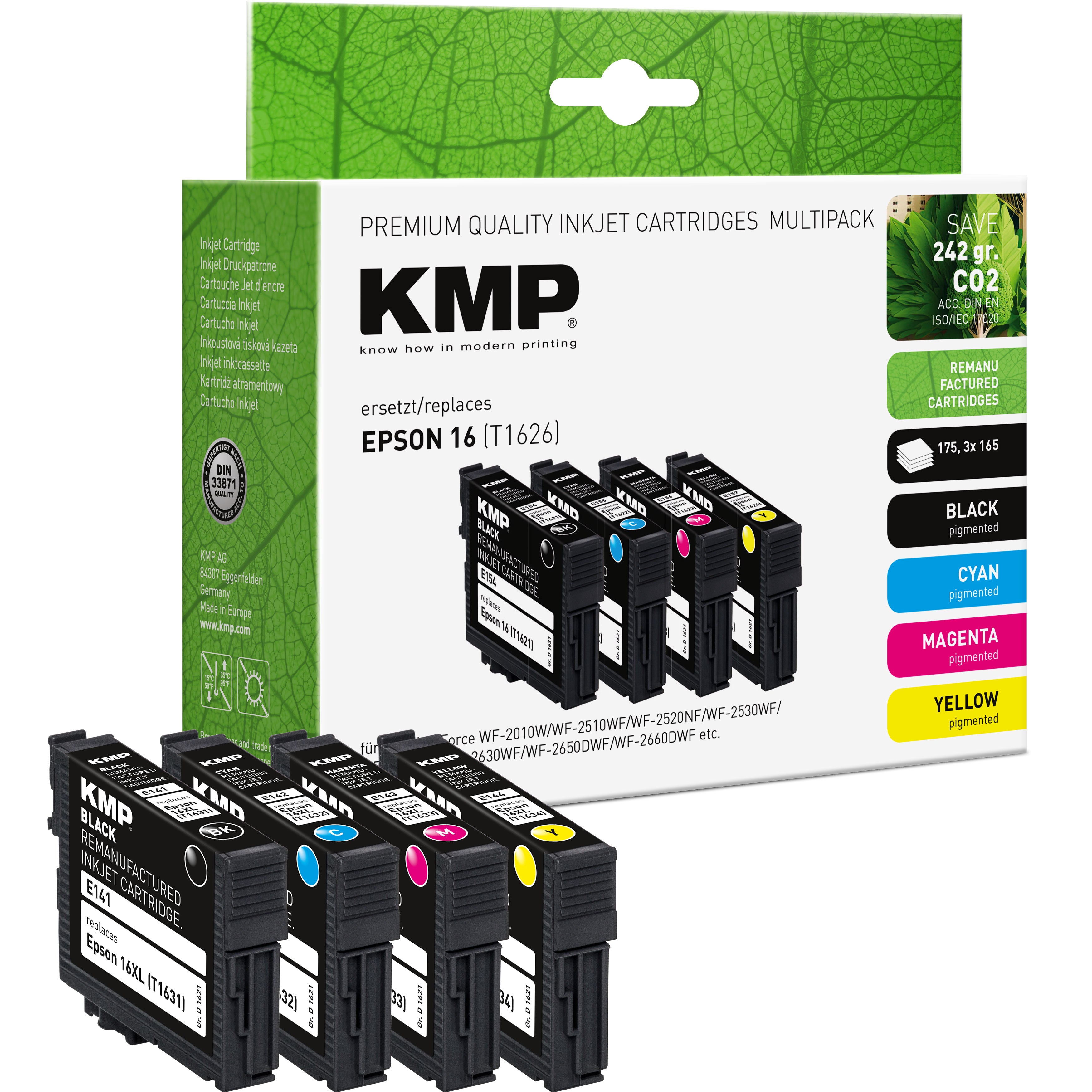 KMP Alternative für Epson 16XL T1636 Tintenpatrone für Epson WorkForce, grün bedruckte Verpackung