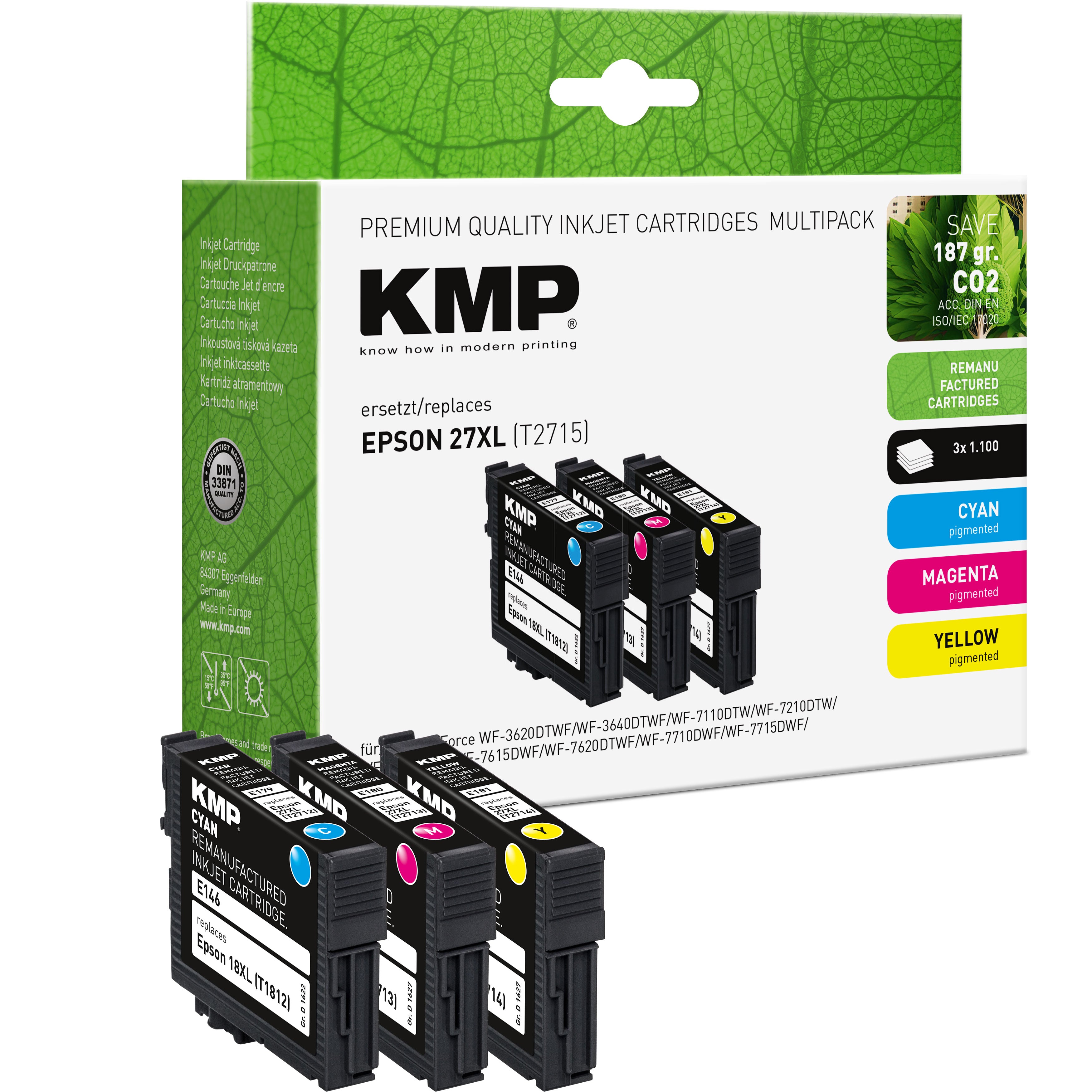 KMP Alternative für Epson 27XL T2715 Tintenpatrone für Epson WorkForce WF-3620DTWF bis WF-7720DTWF, grün