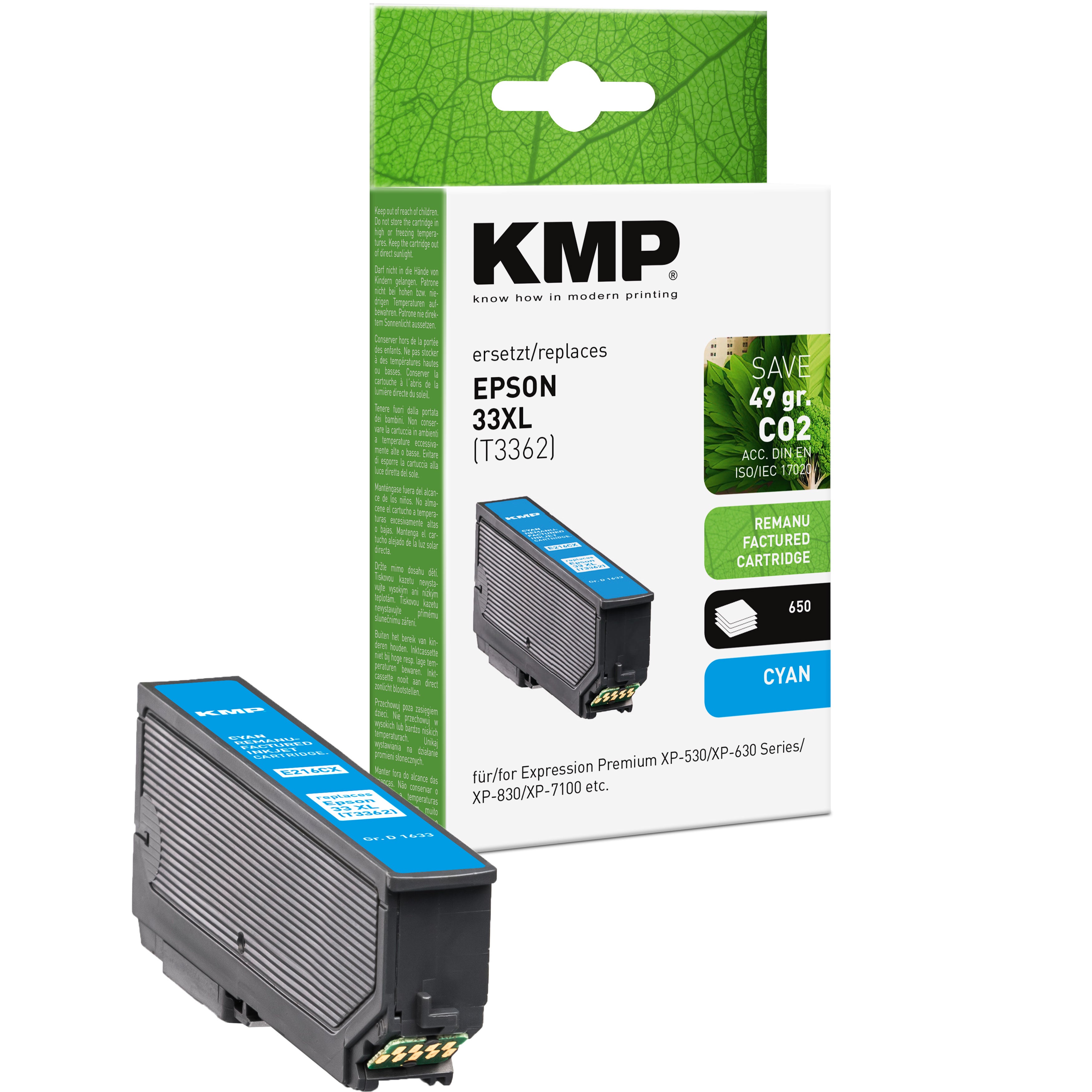 KMP Alternative für Epson 33XL T3362 Tintenpatrone cyan, für Tintenstrahldrucker, mit Ersatzchip
