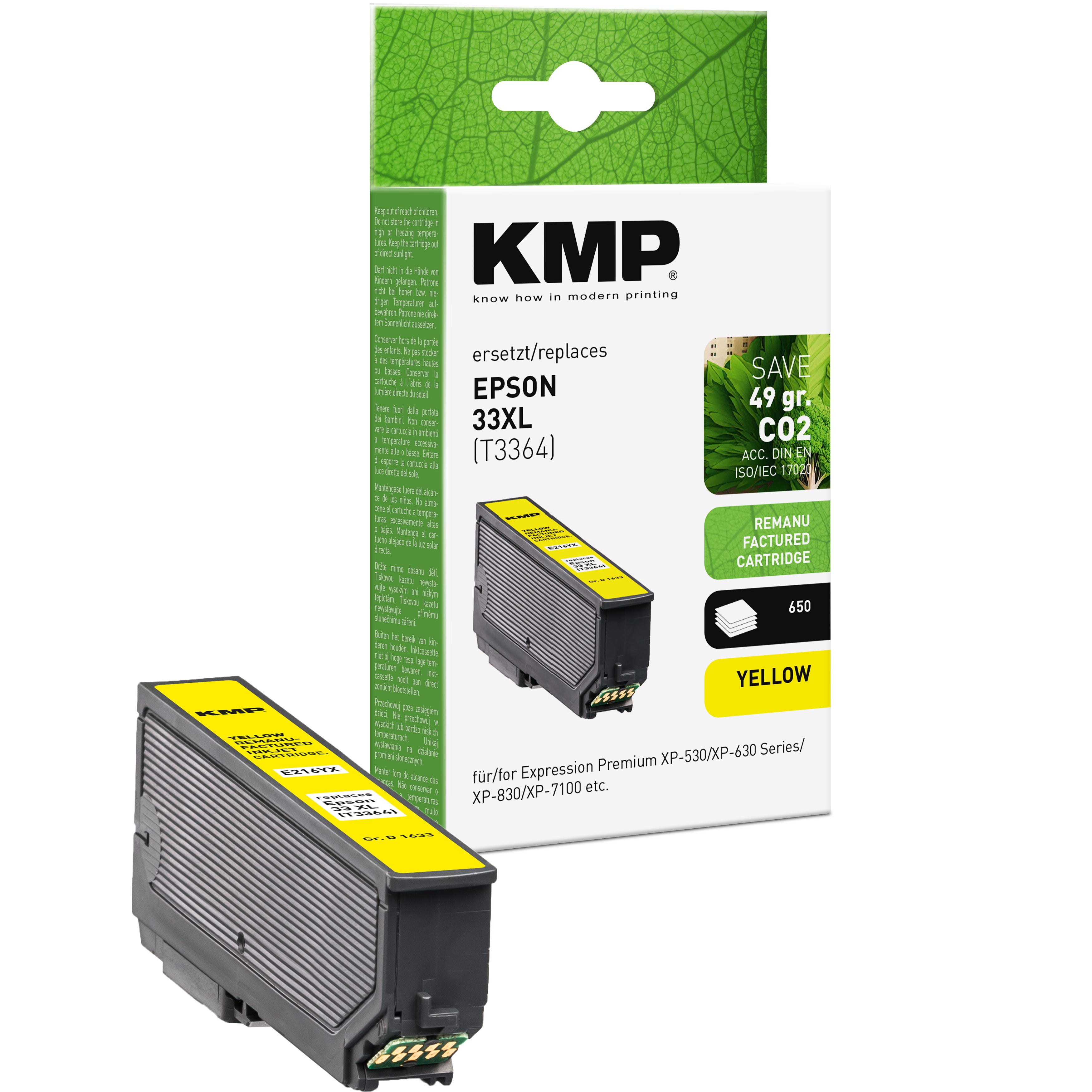 KMP Alternative für Epson 33XL T3364 Tintenpatrone gelb, Ersatzpatrone kompatibel für Epson Expression Premium XP-530