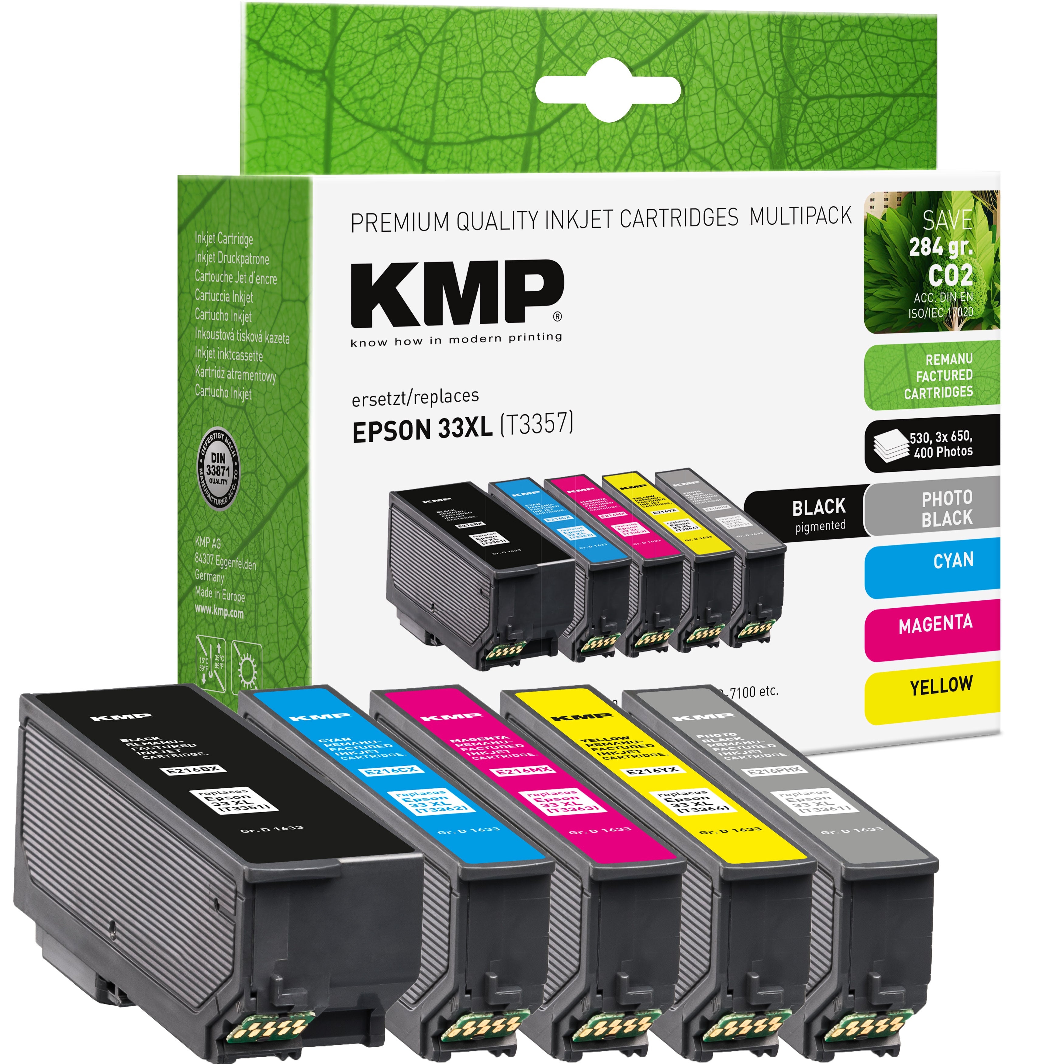 KMP Alternative für Epson 33XL T3357 Tintenpatrone für Tintenstrahldruck in grünem Verpackungsdesign