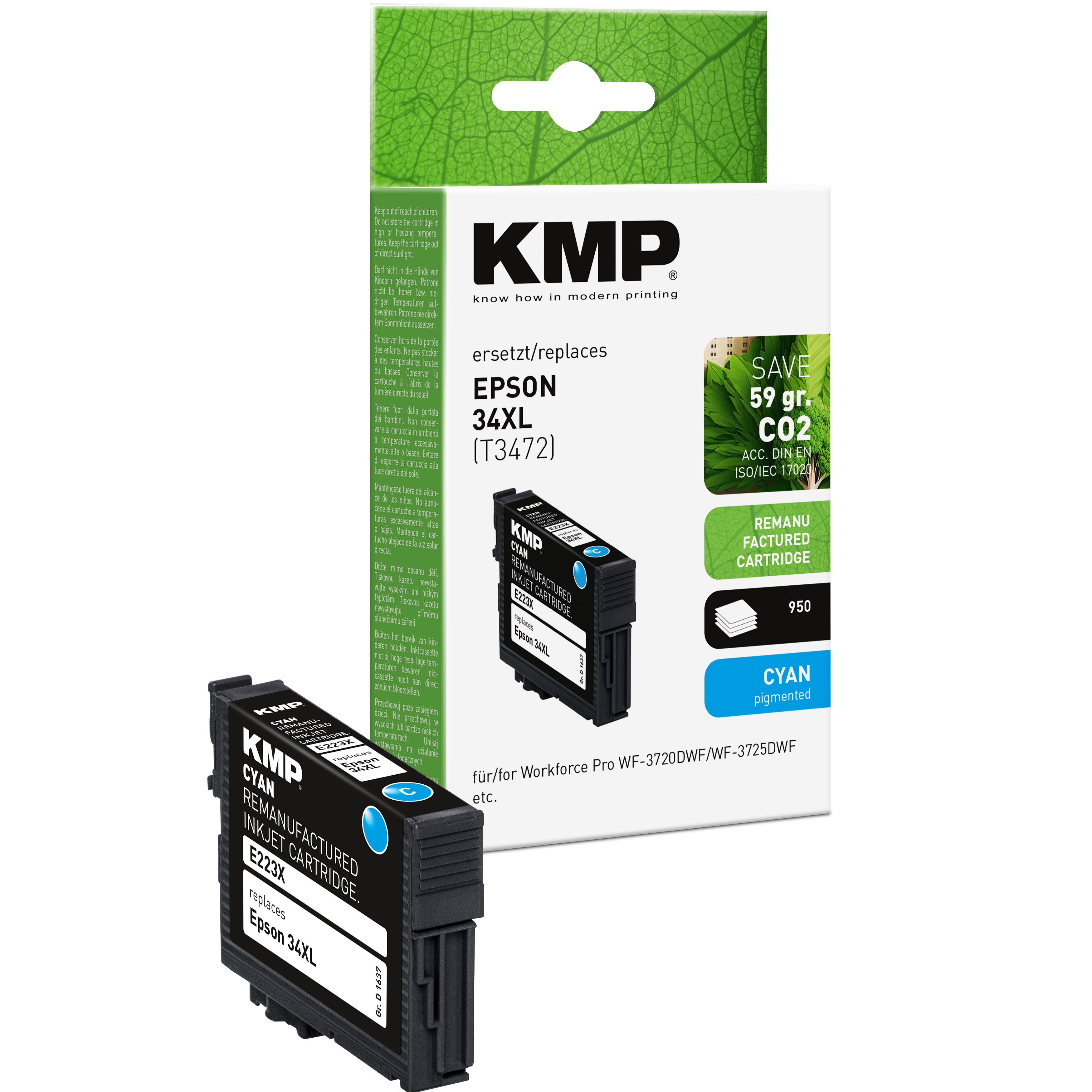 KMP Alternative für Epson 34XL T3472 Tintenpatrone mit Chip, cyan, mit Kunststoffgehäuse