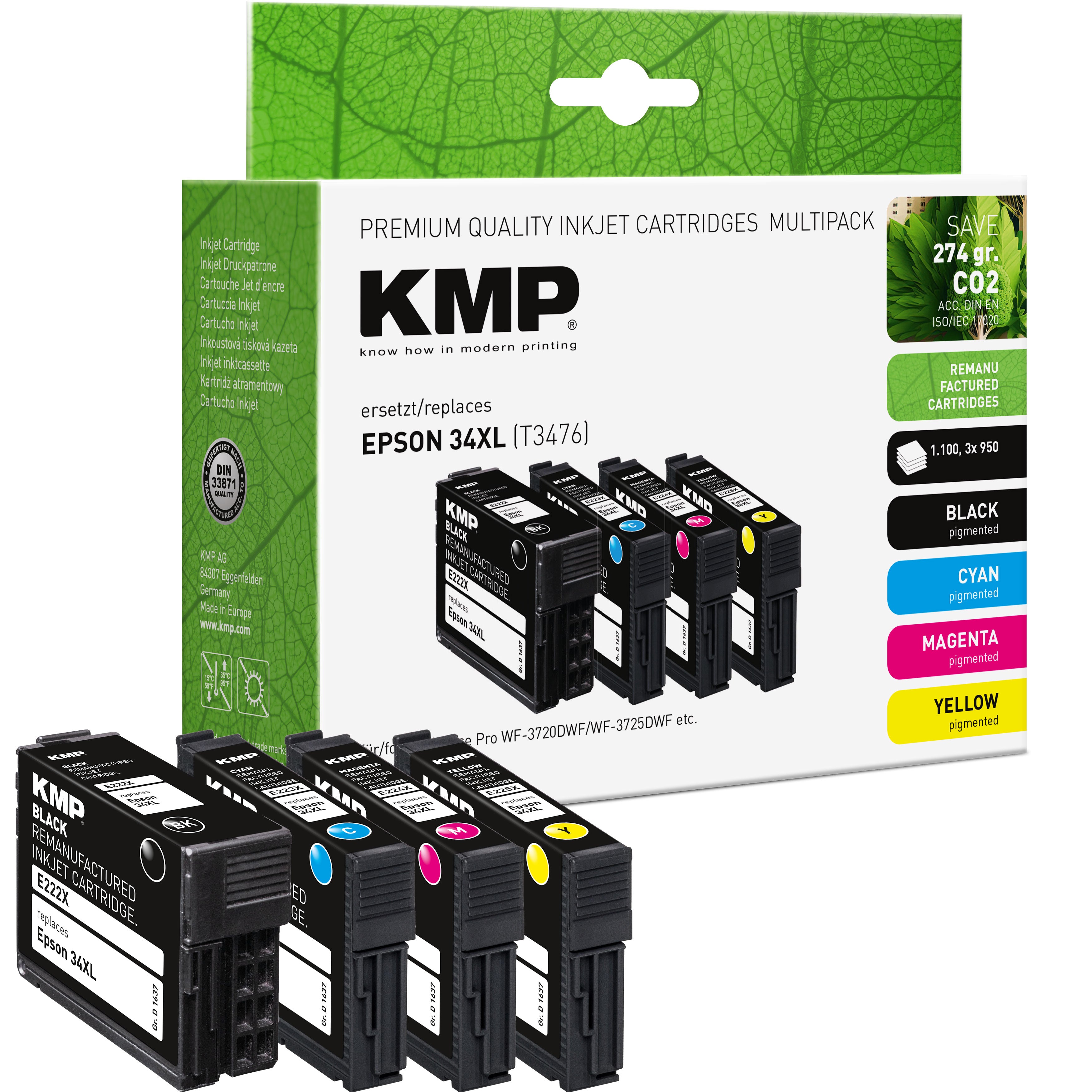 KMP Alternative für Epson 34XL T3476 Tintenpatrone, kompatible Drucker-Verbrauchspatrone in grünem Karton