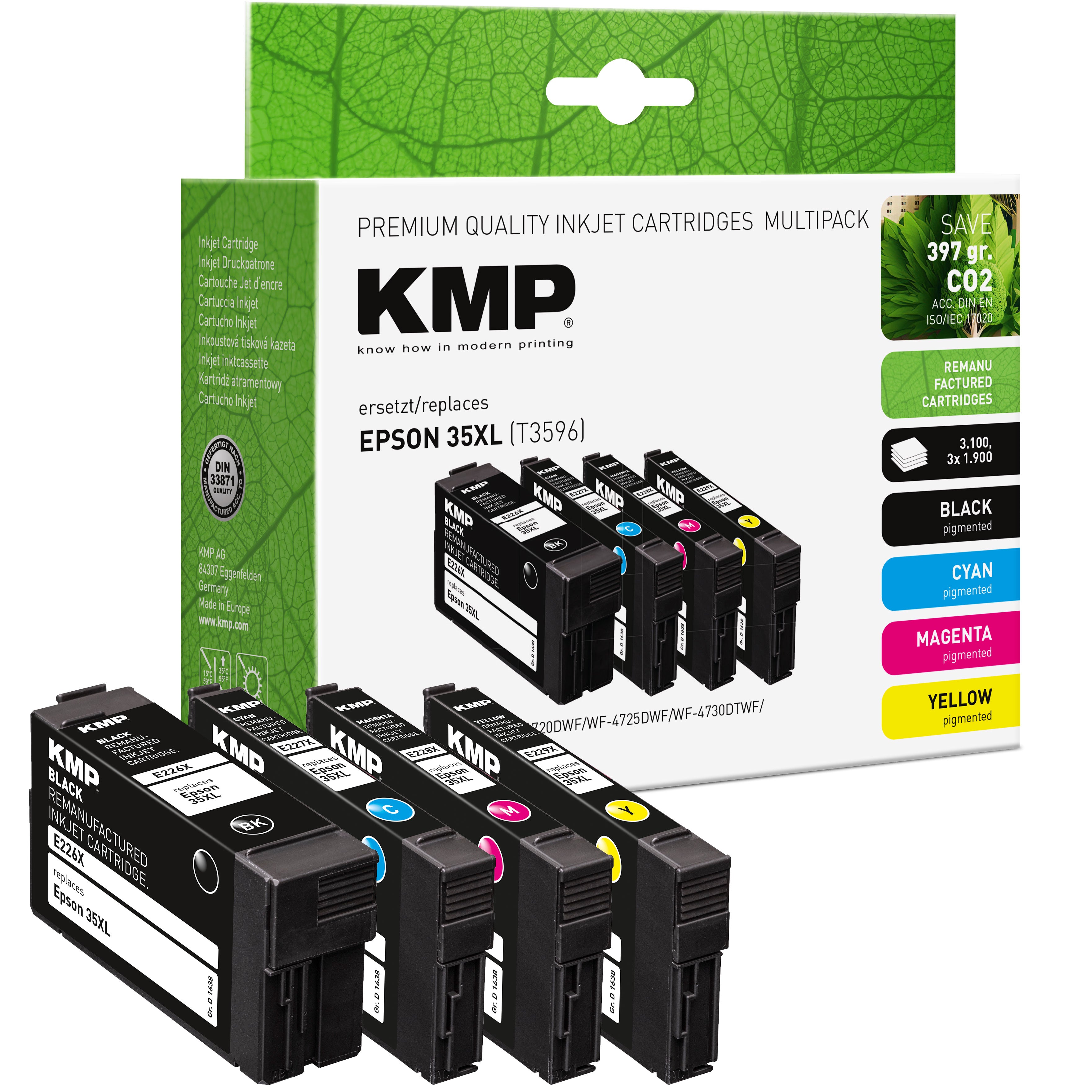 KMP Alternative für Epson 35XL T3596 Tintenpatrone für Drucker, grüne Verpackung mit vier Patronen
