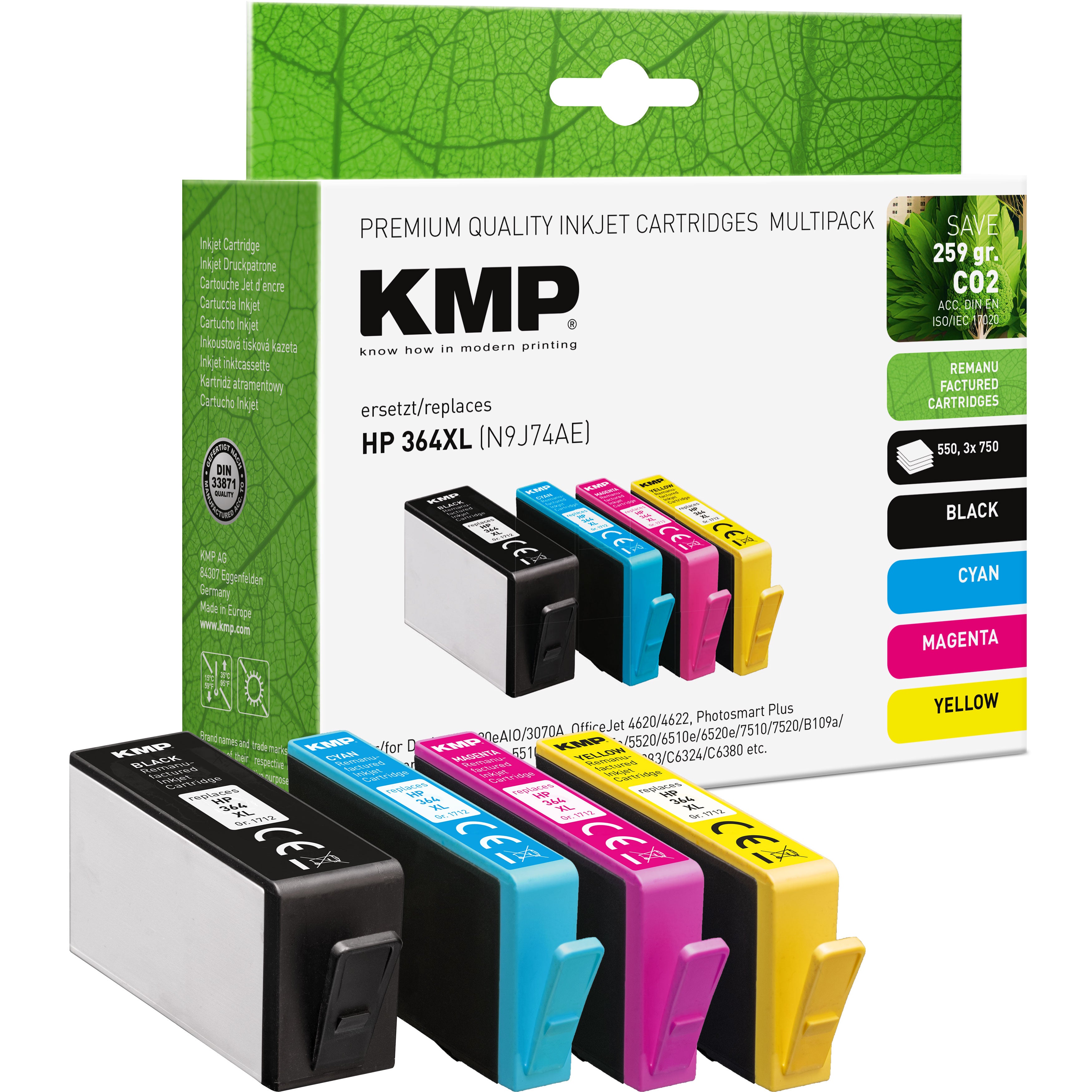 KMP Alternative für HP HP364XL N9J74AE Tintenpatrone als HP364XL Alternative, grün bedruckte Verpackung