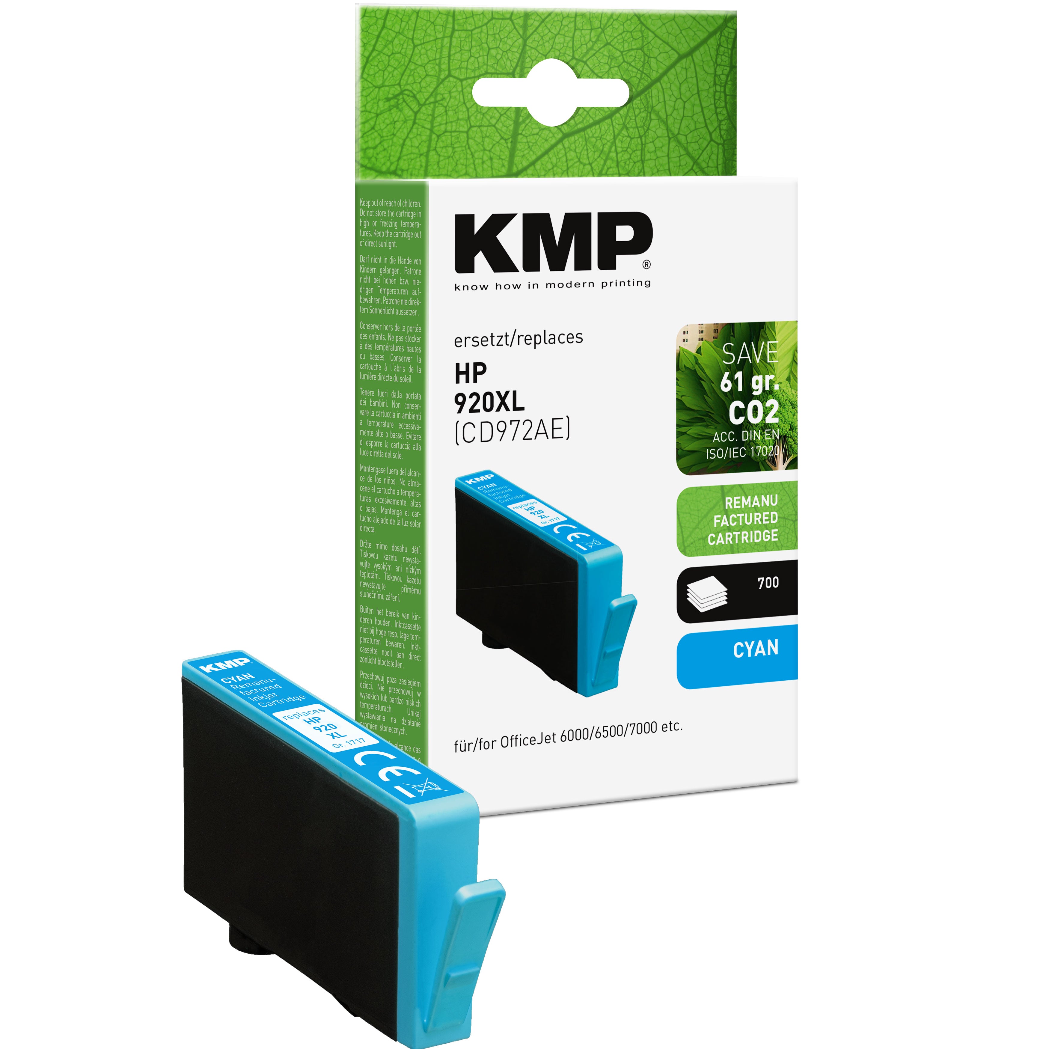KMP Alternative für HP HP920XL CD972AE Tintenpatrone cyan für HP Officejet 6000 6500 7000