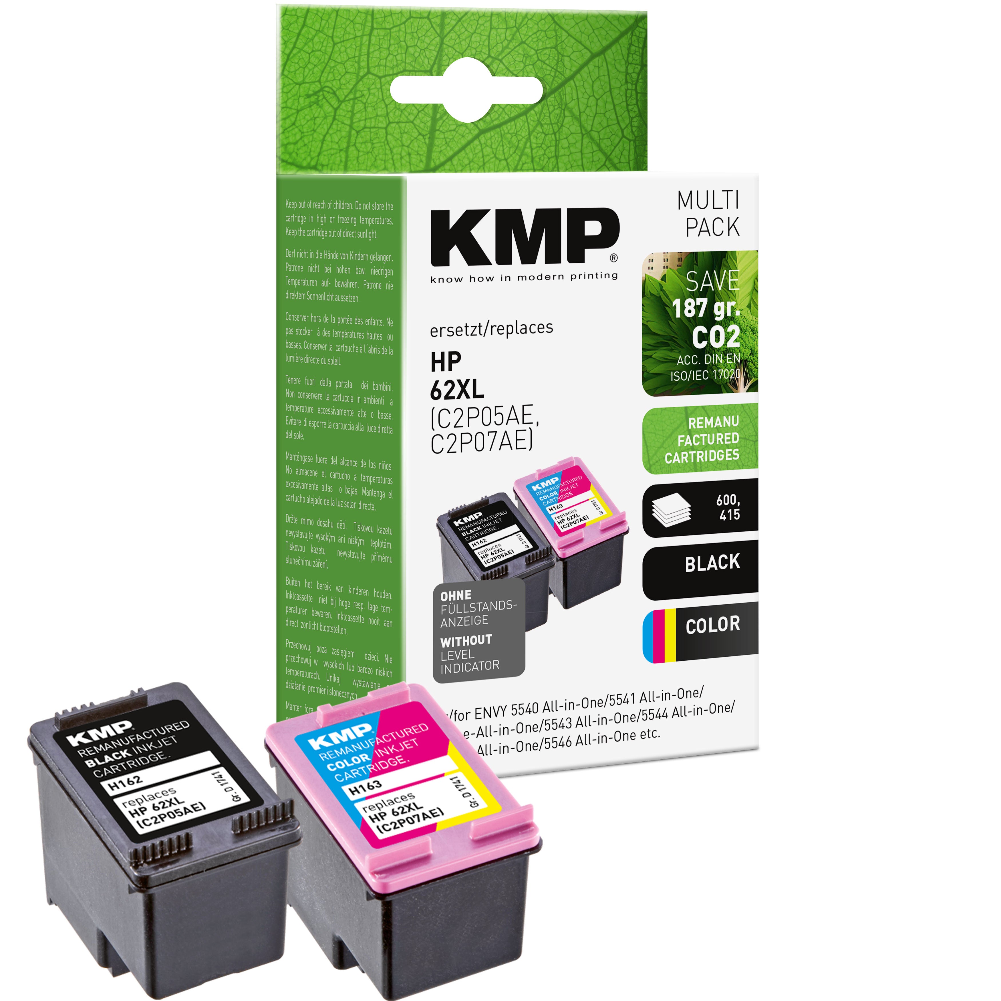 KMP Alternative für HP HP62XL Druckerpatrone für HP62XL, schwarze und farbige Tintenpatronen im Set