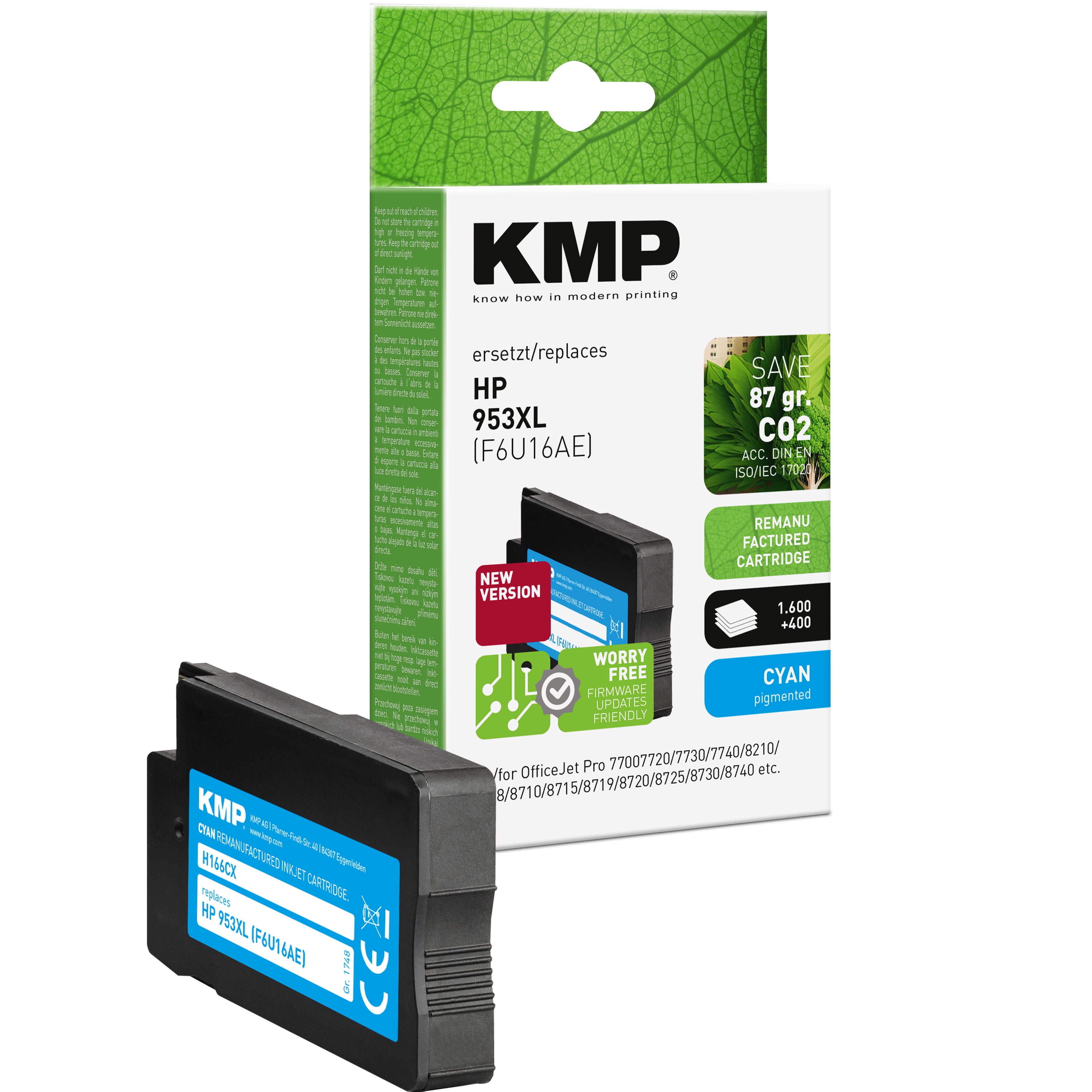 KMP Alternative für HP HP953XL F6U16AE Tintenpatrone cyan, kompatibel mit HP Officejet Pro 7700