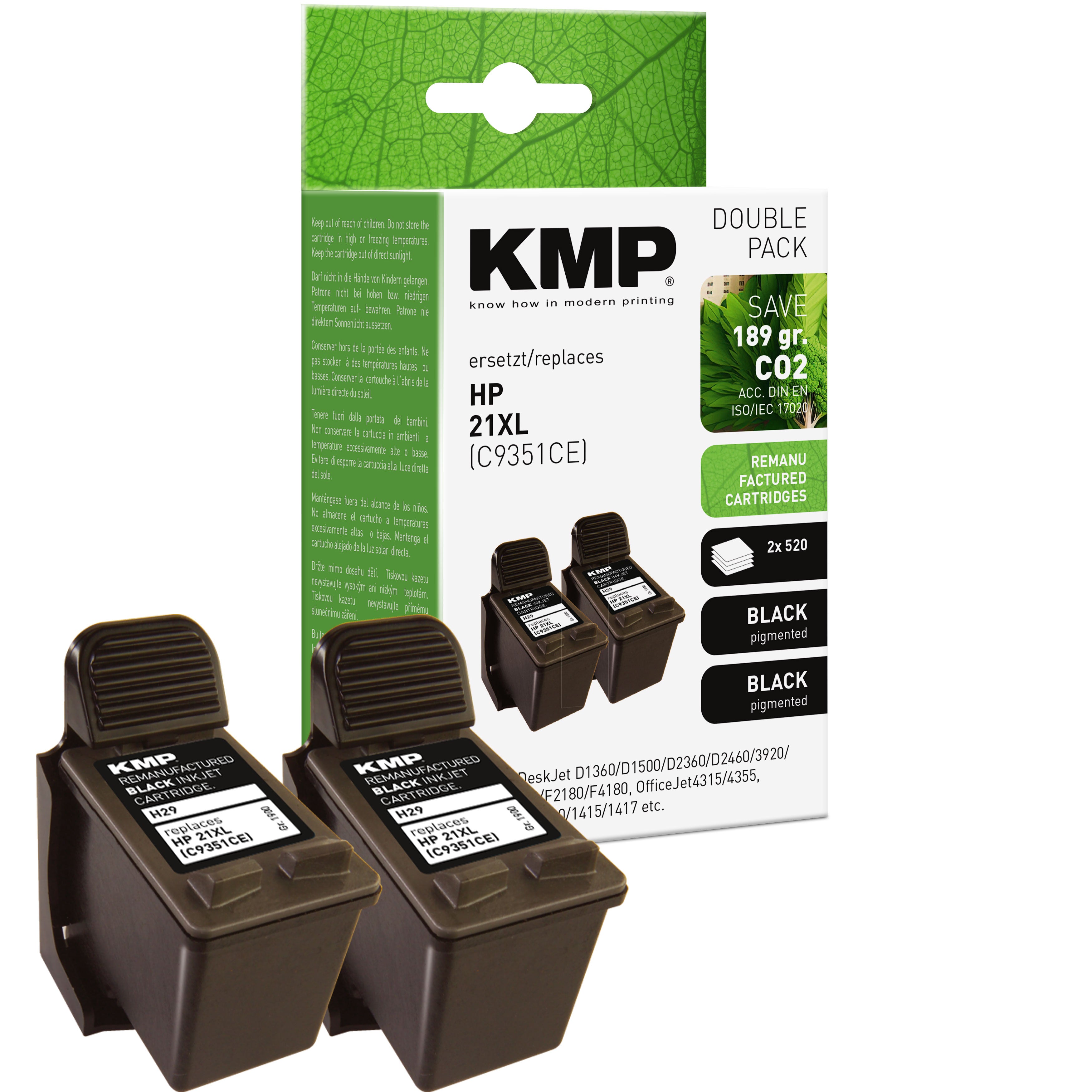 KMP Alternative für HP 2x HP21XL C9351CE Druckerpatrone im 2er Pack schwarz pigmentiert mit 189 g