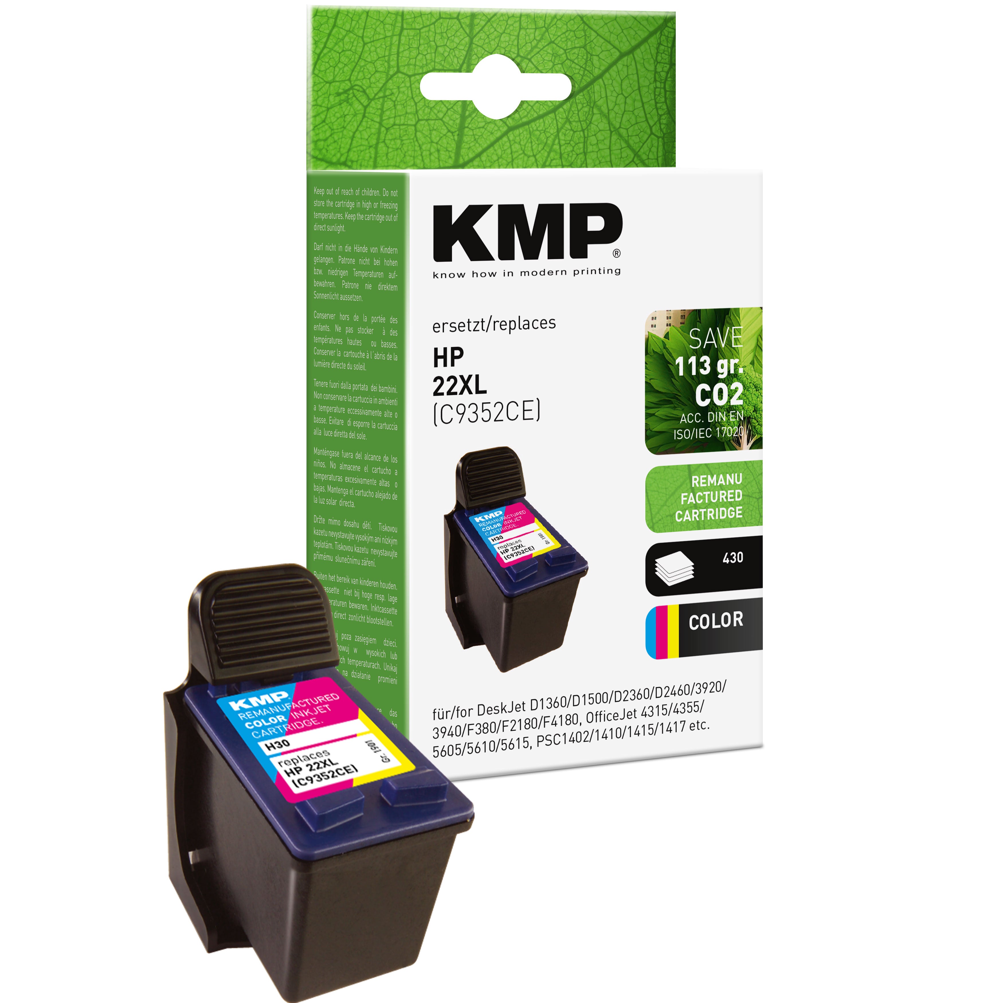KMP Alternative für HP HP22XL C9352CE kompatible Druckerpatrone, grüne Verpackung mit schwarzer Kartusche